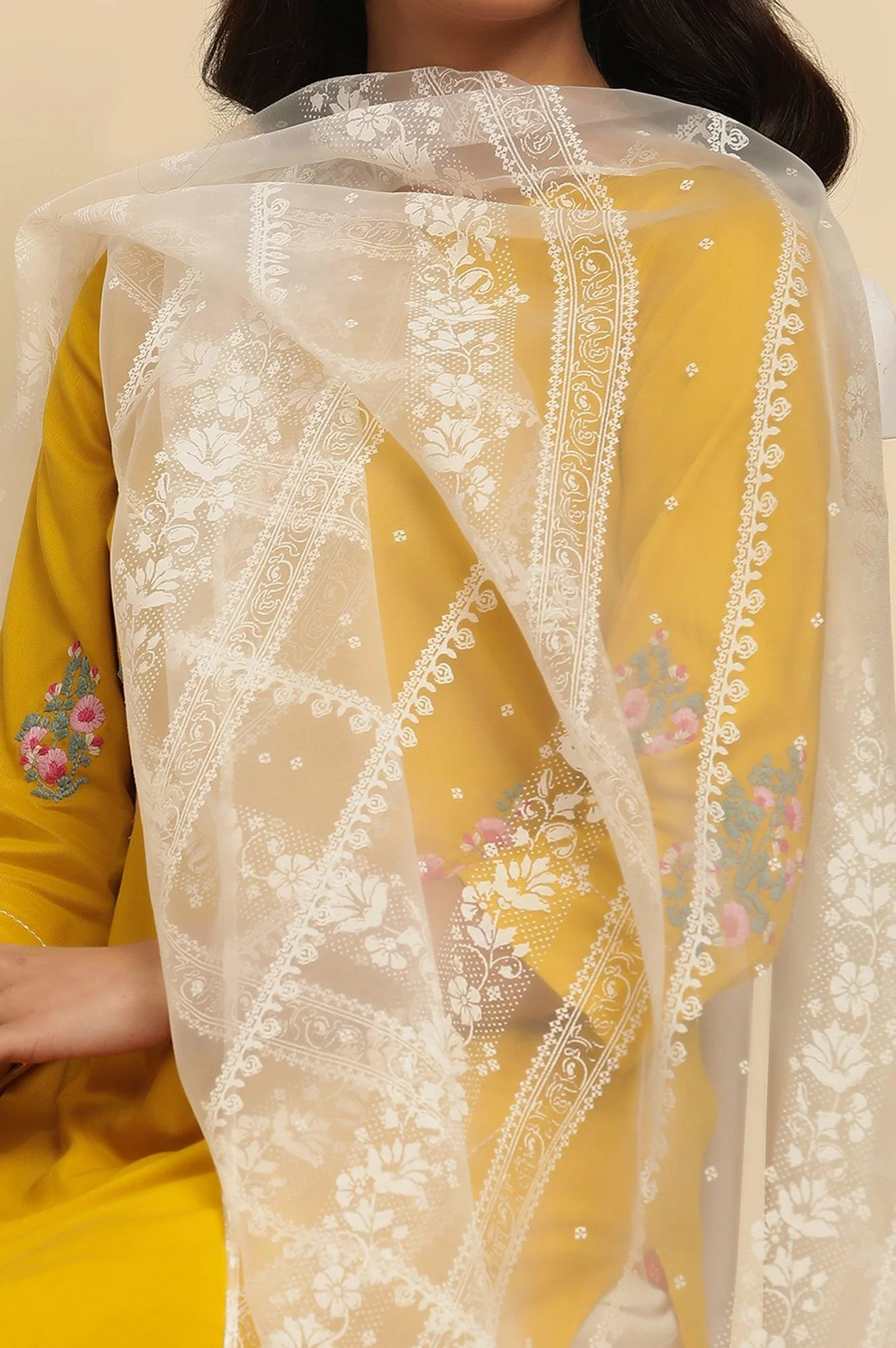 White Brasso Floral Printed Dupatta - Image 4