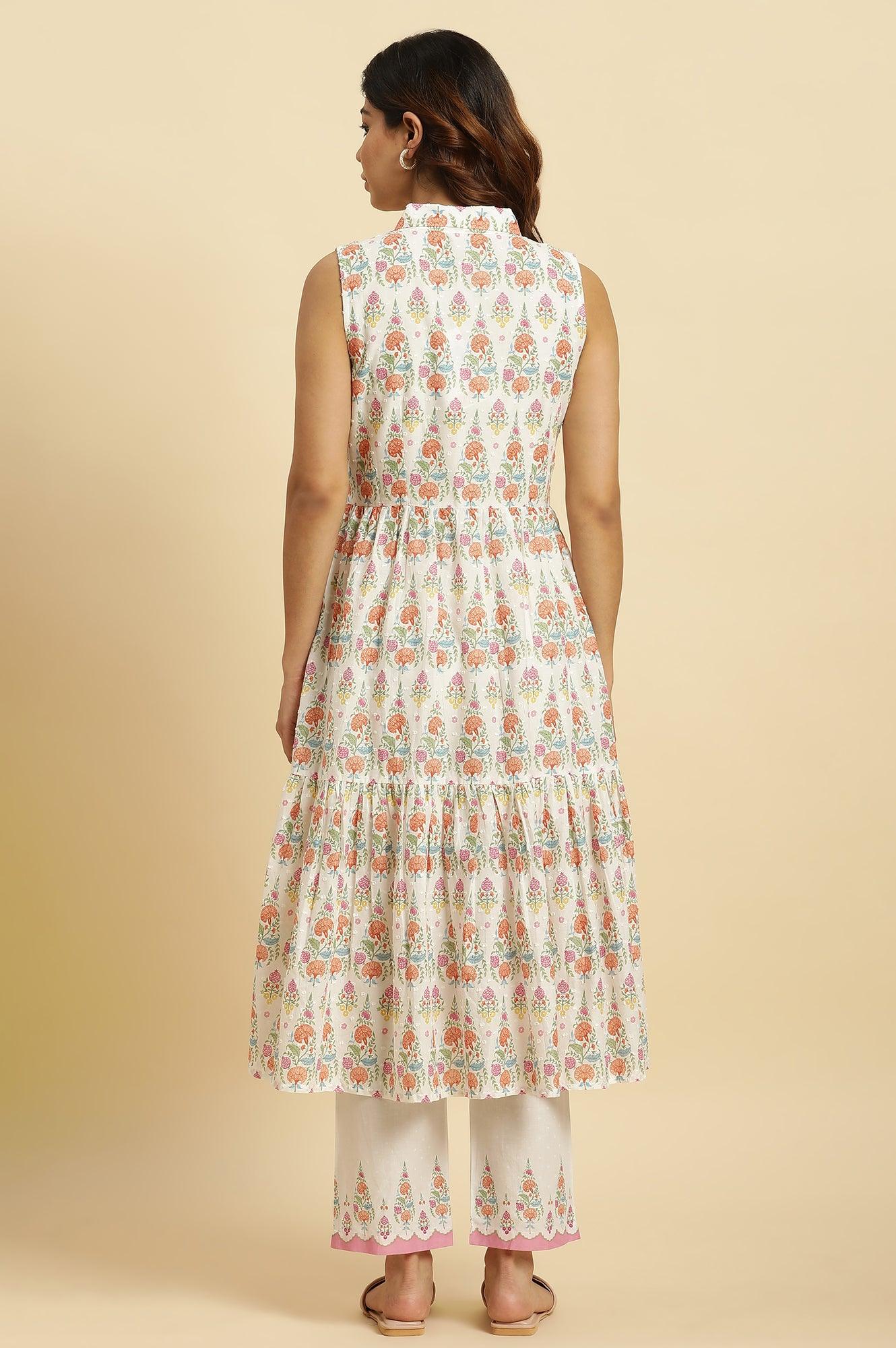 White Cotton Kurta In Multi-Coloured Print and Pants Set - Image 4