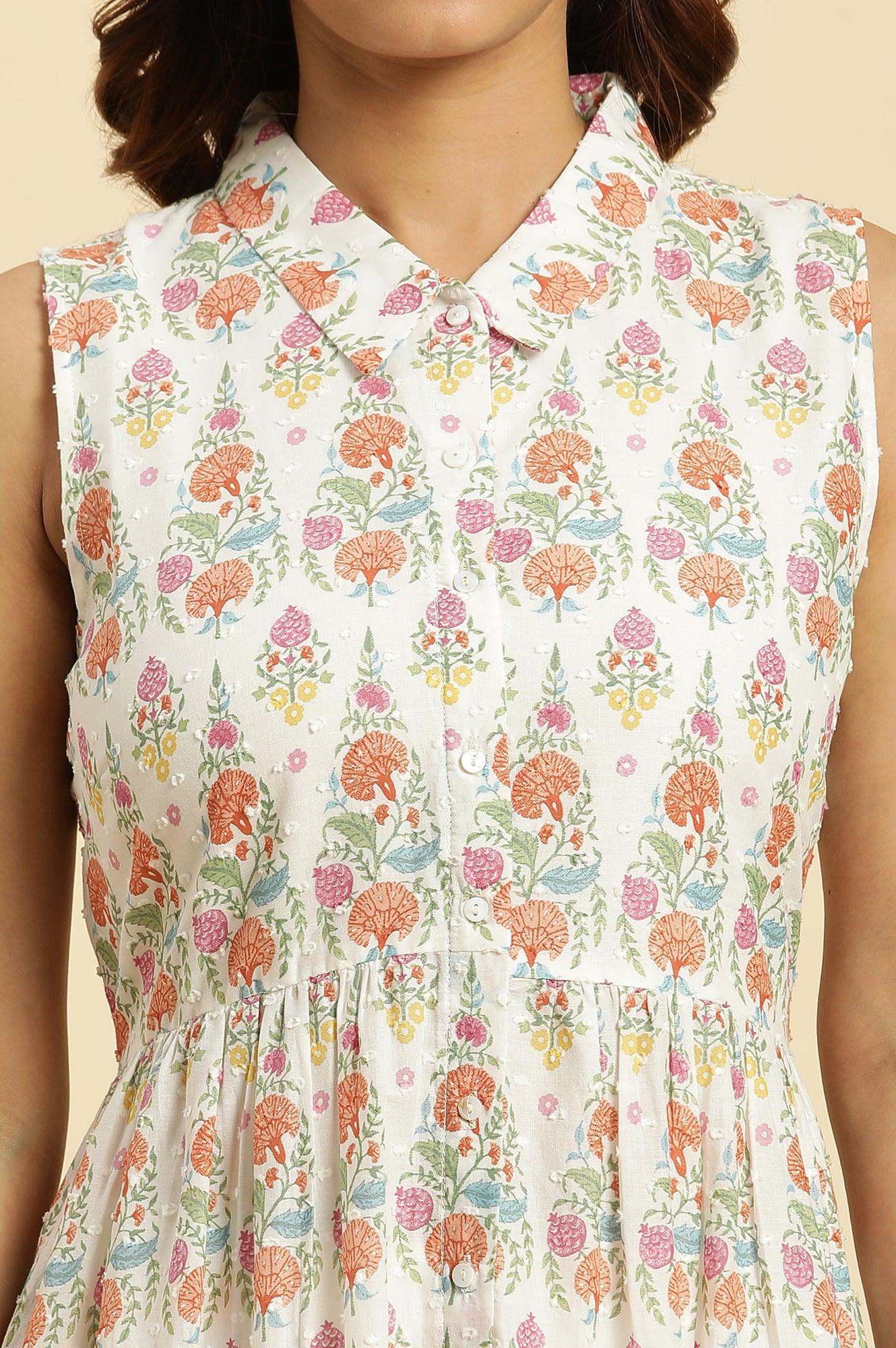 White Cotton Kurta In Multi-Coloured Print and Pants Set - Image 6