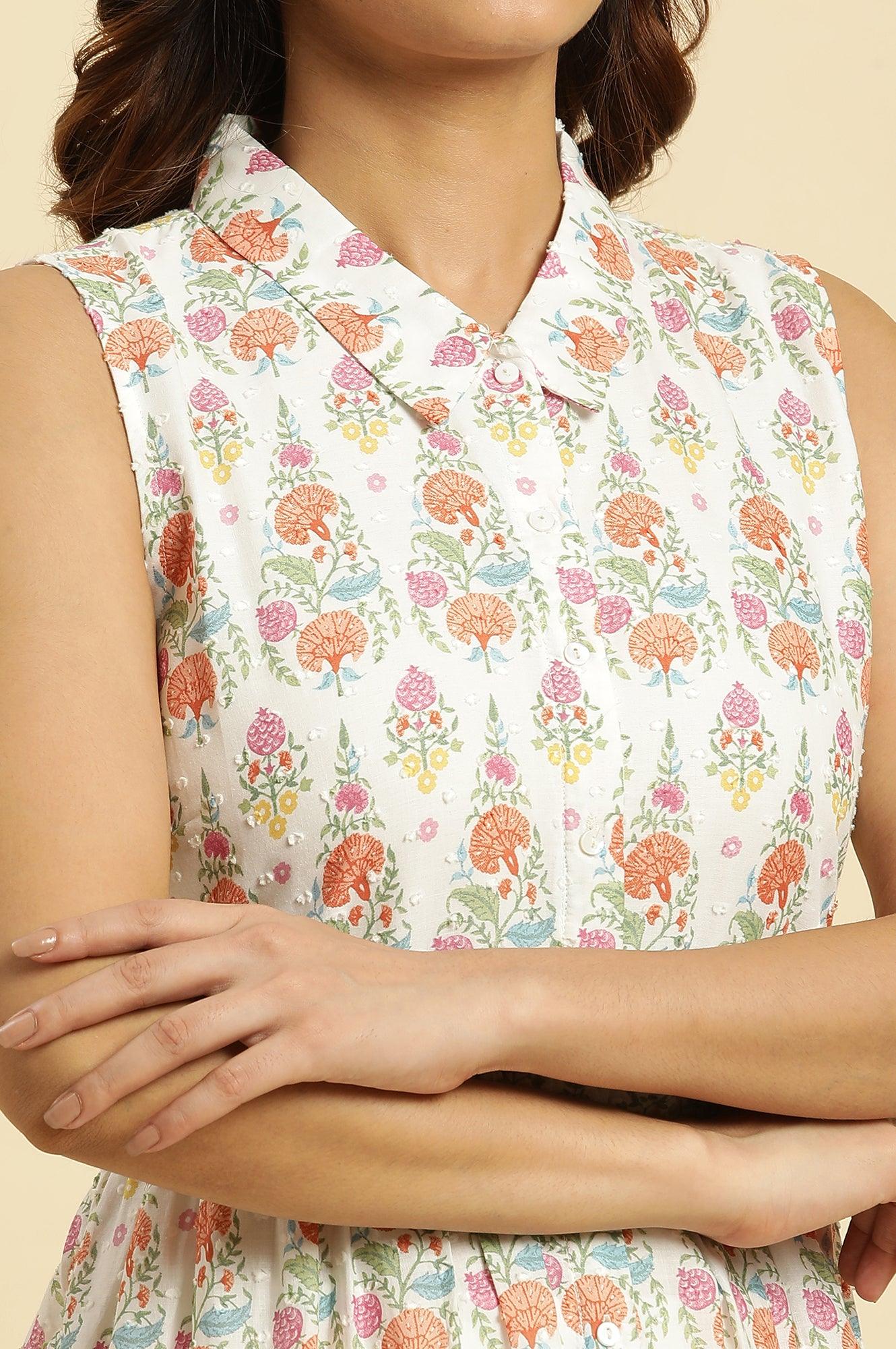 White Cotton Kurta In Multi-Coloured Print and Pants Set - Image 7