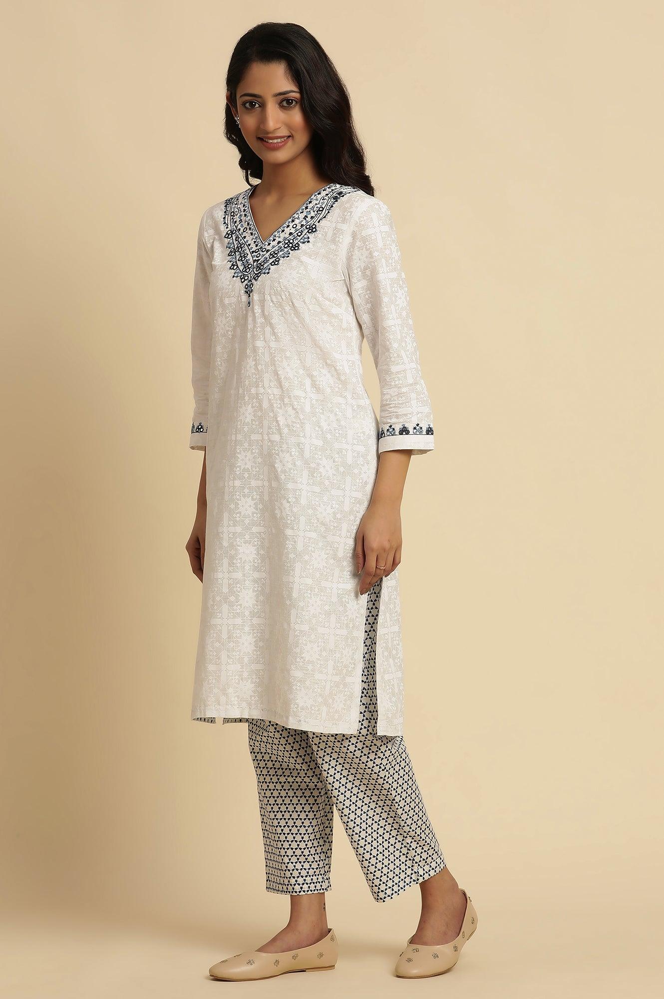 White Cotton Kurta With Embroidered Neck - Image 3
