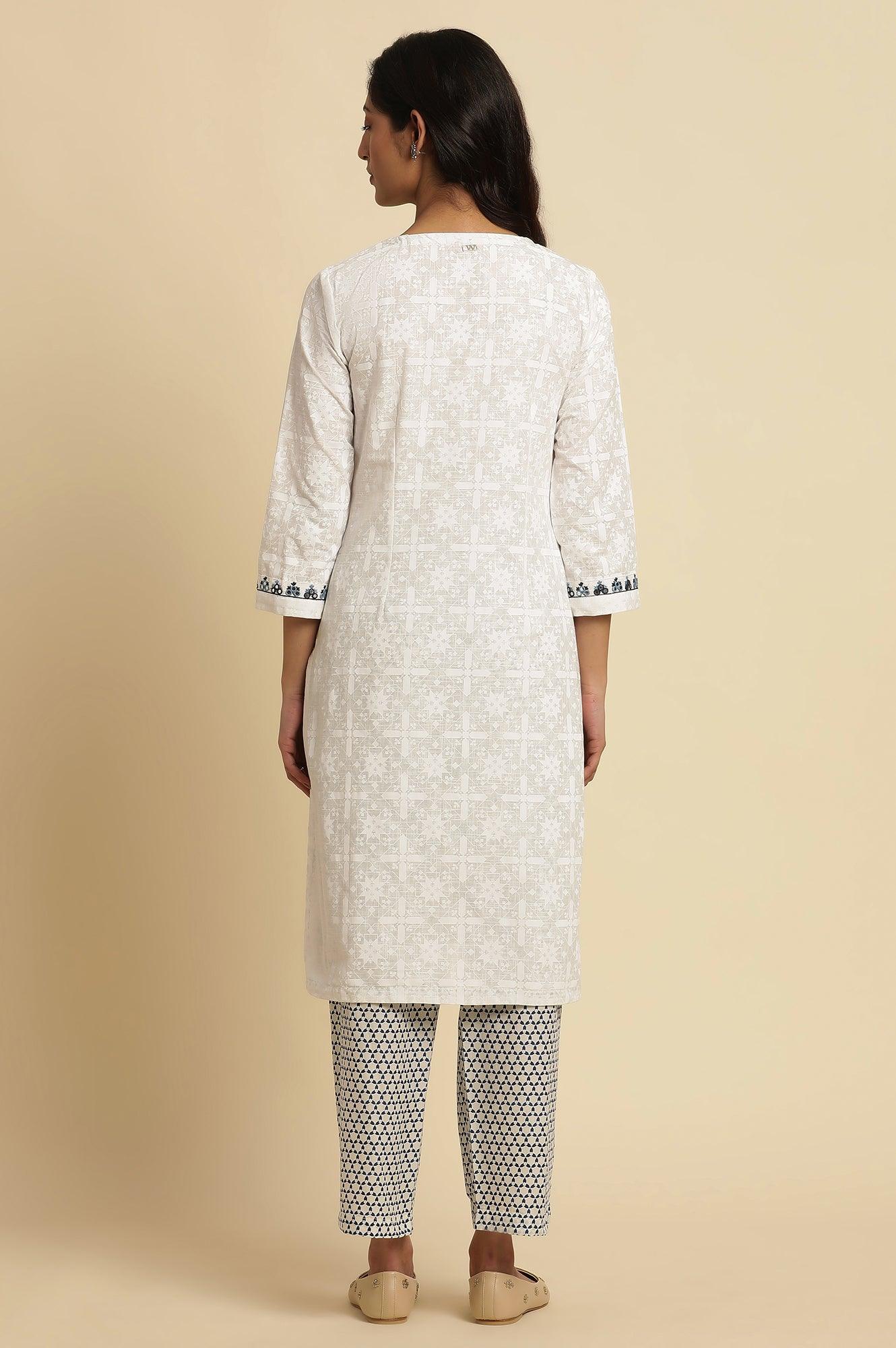 White Cotton Kurta With Embroidered Neck - Image 4