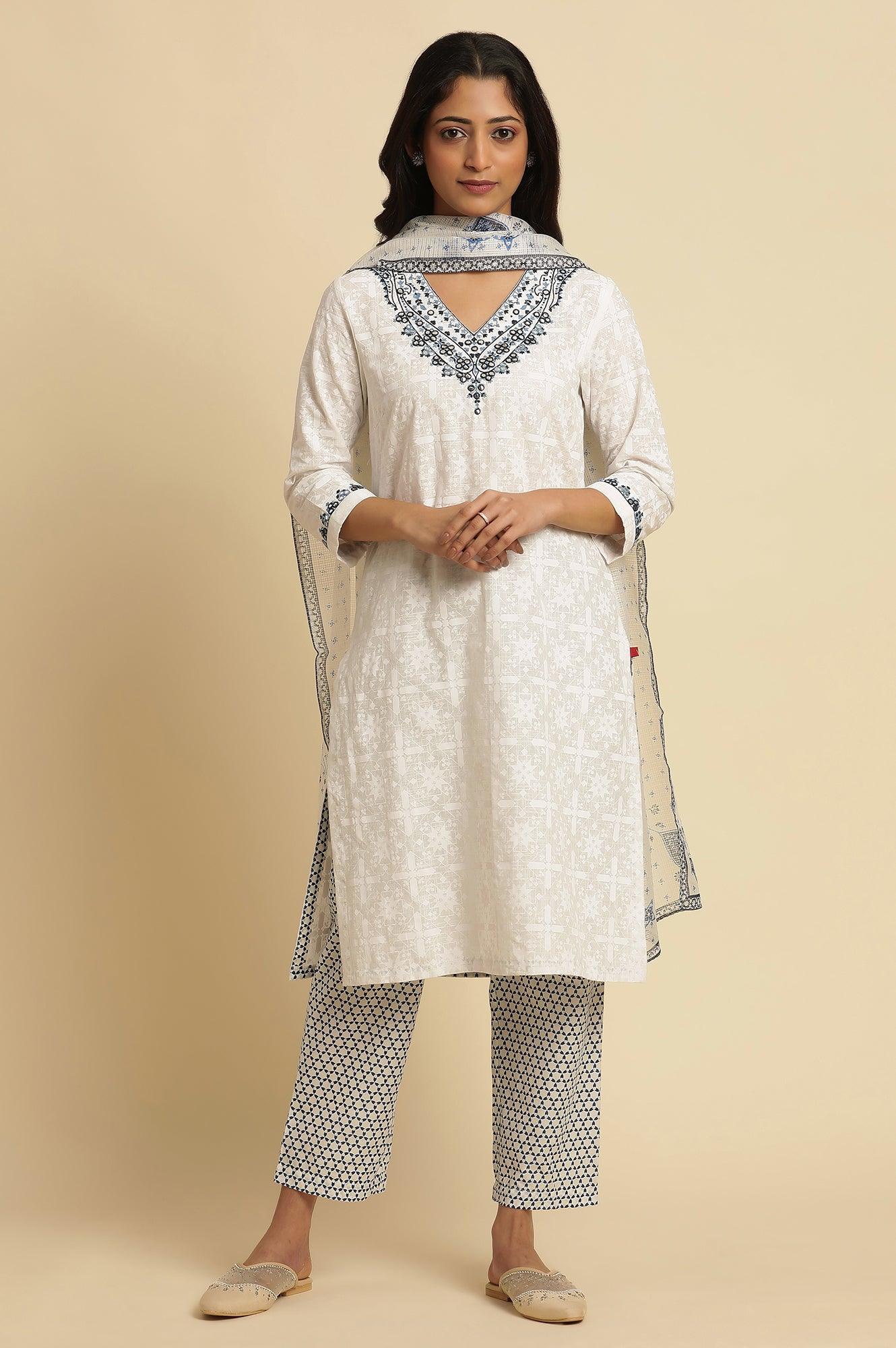 White Cotton Kurta With Embroidered Neck - Image 6