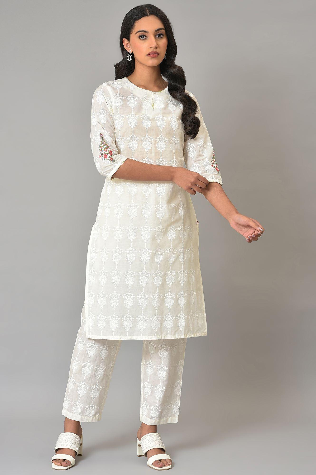 White Embroidered kurta And Pants Co-Ord Sets - Image 8