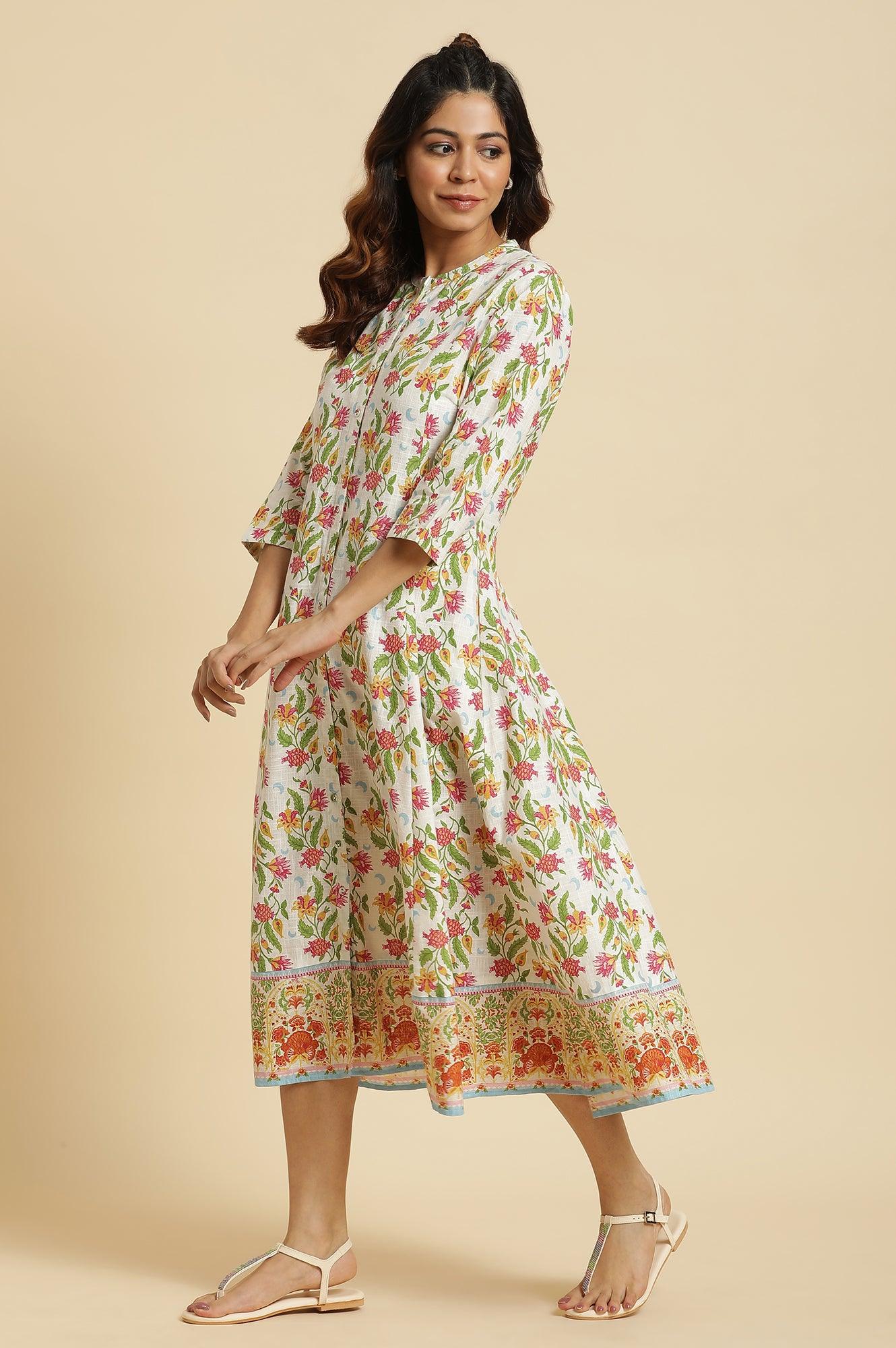 White Flared Dress In Multi-Coloured Floral Print - Image 3