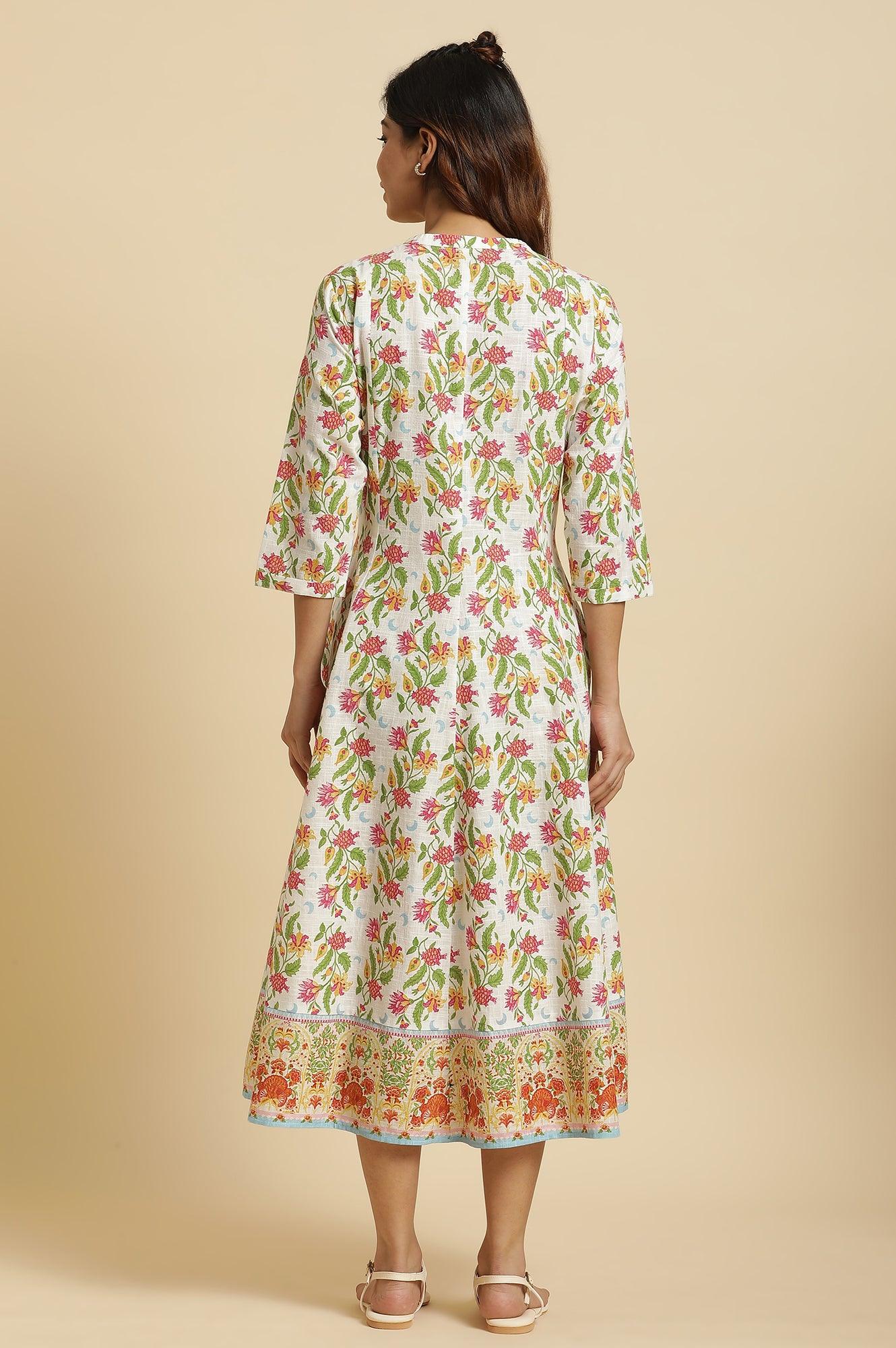 White Flared Dress In Multi-Coloured Floral Print - Image 4