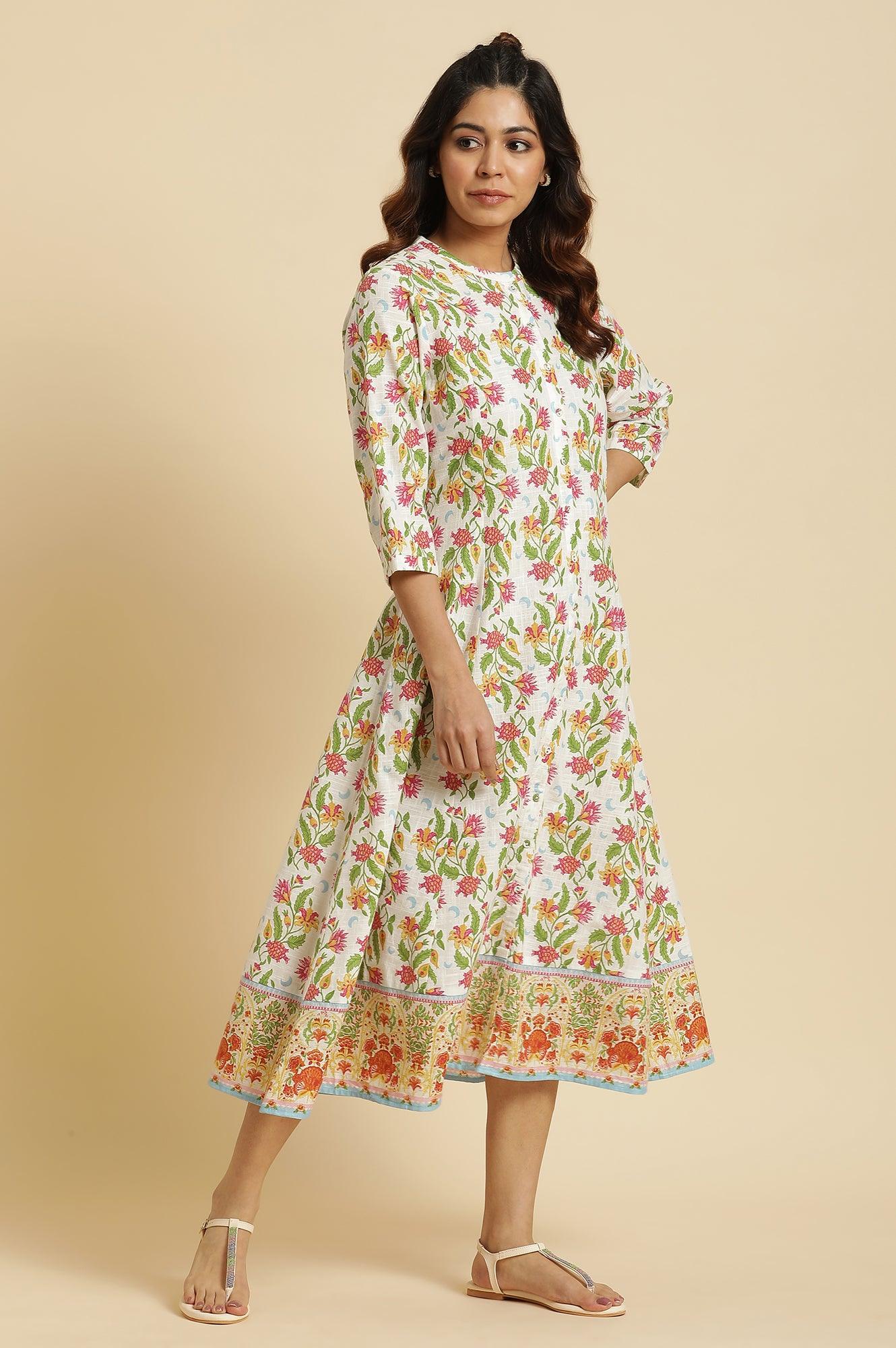 White Flared Dress In Multi-Coloured Floral Print - Image 5