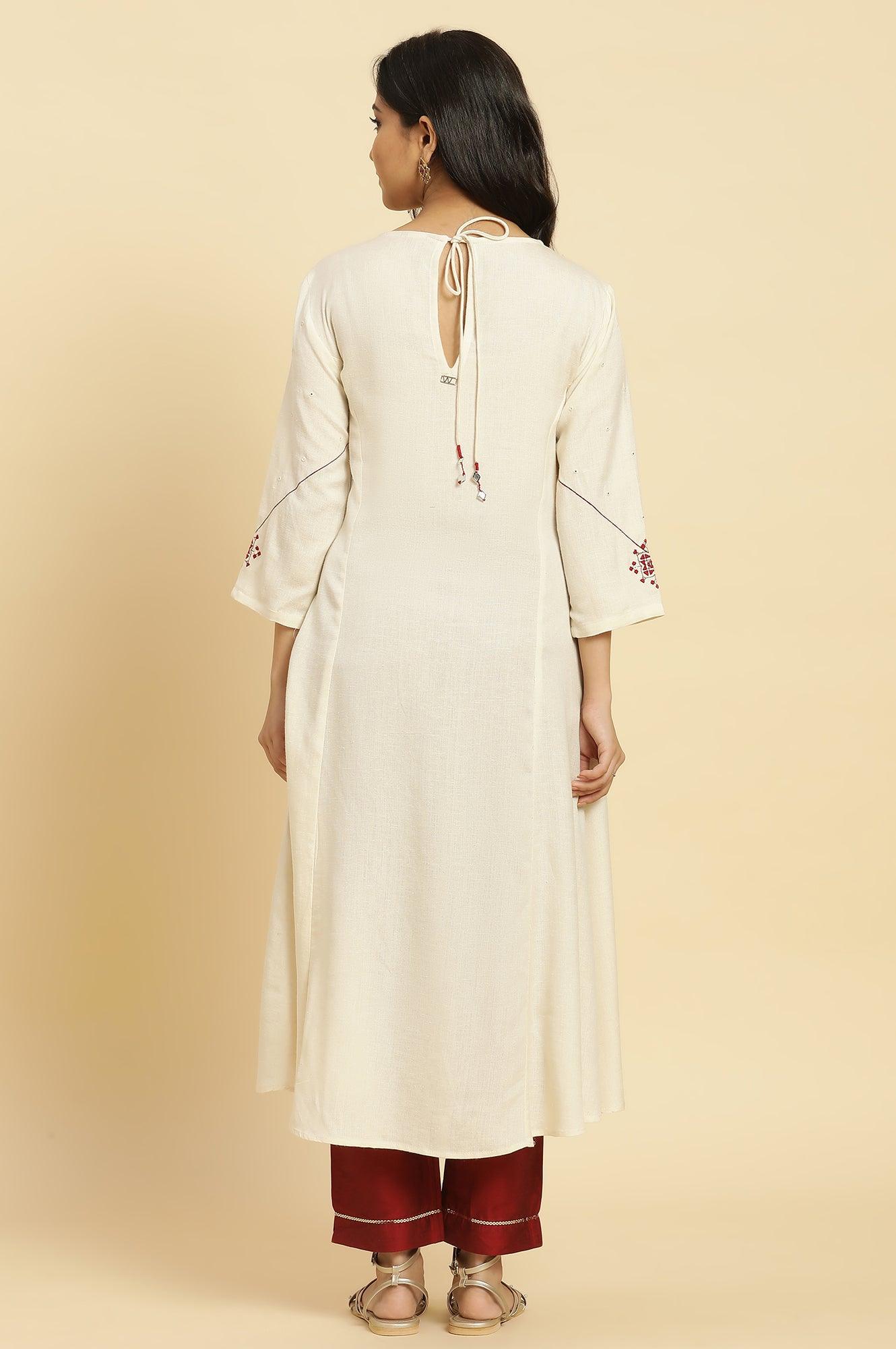 White Flared Kurta With Mirror Work And Embroidery - Image 4