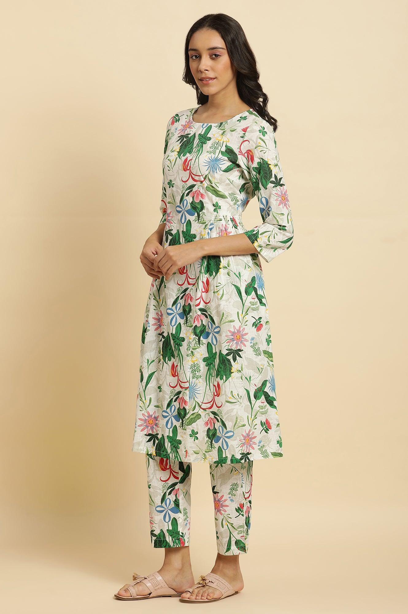 White Floral Printed A-Line Kurta And Pants Co-Ord Set - Image 3