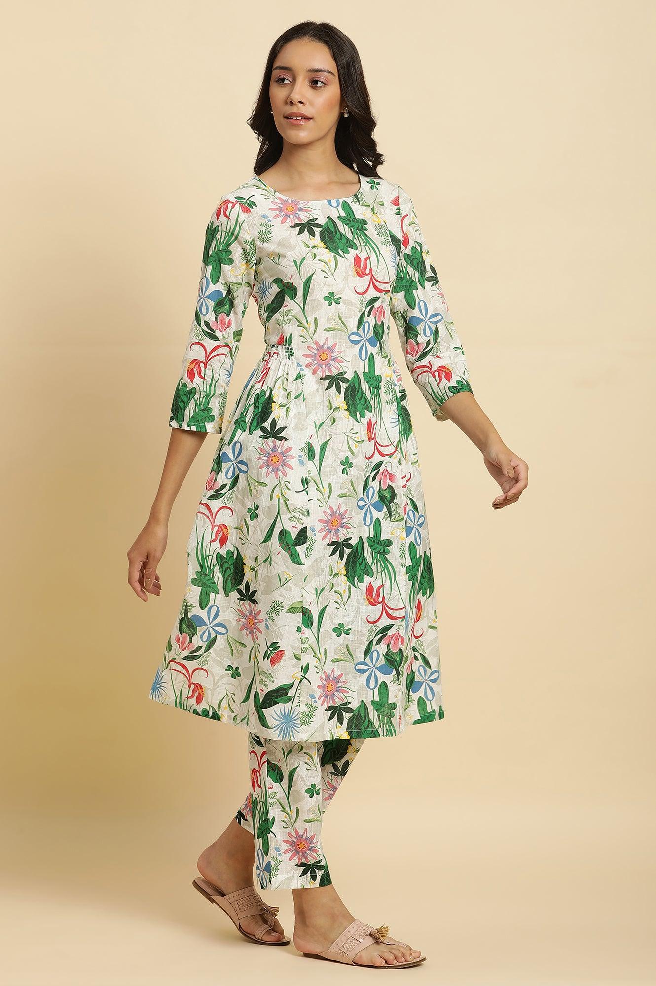 White Floral Printed A-Line Kurta And Pants Co-Ord Set - Image 5