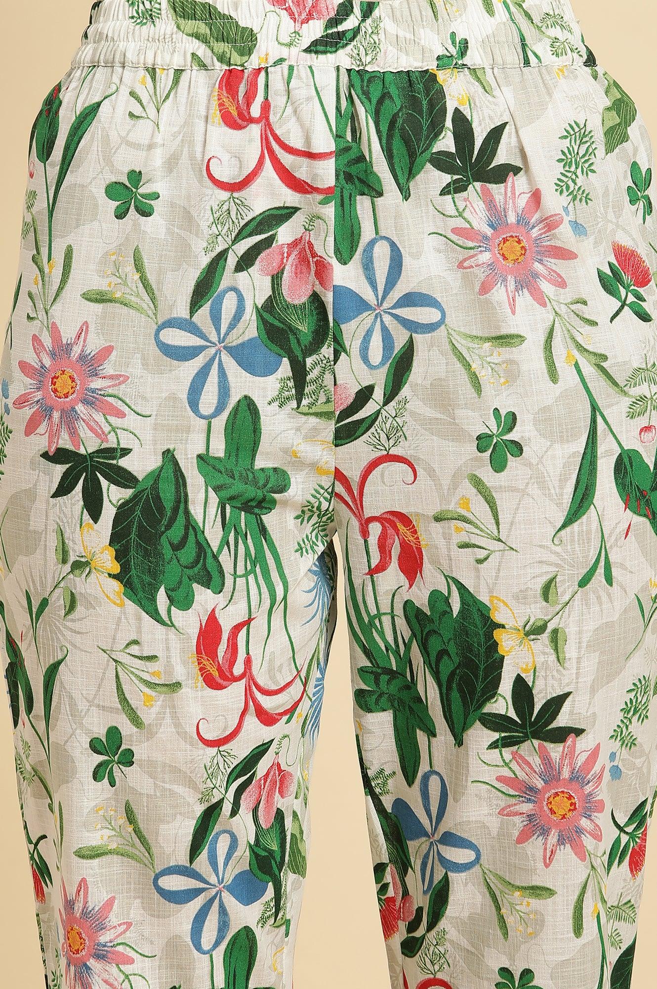 White Floral Printed A-Line Kurta And Pants Co-Ord Set - Image 8