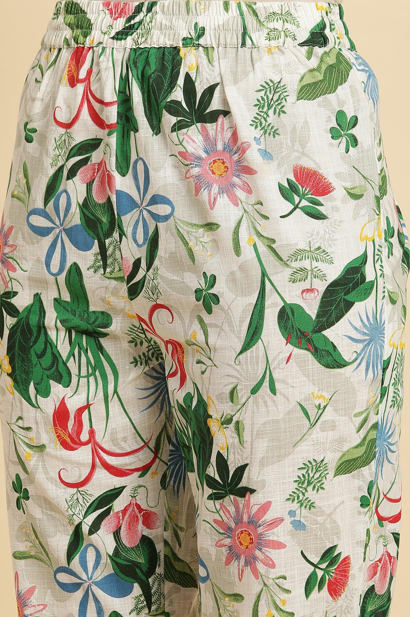 White Floral Printed A-Line Kurta And Pants Co-Ord Set - Image 9