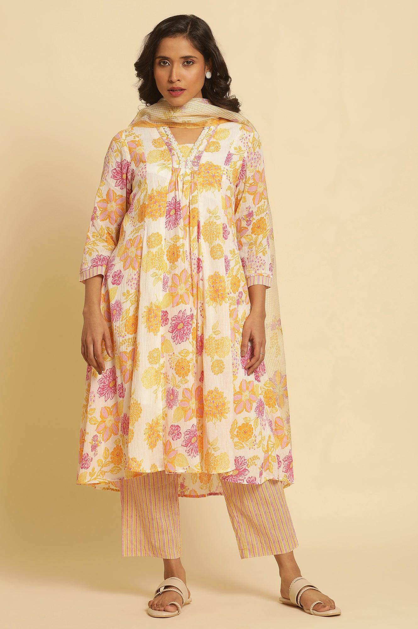 White Floral Printed Flared Kurta - Image 6