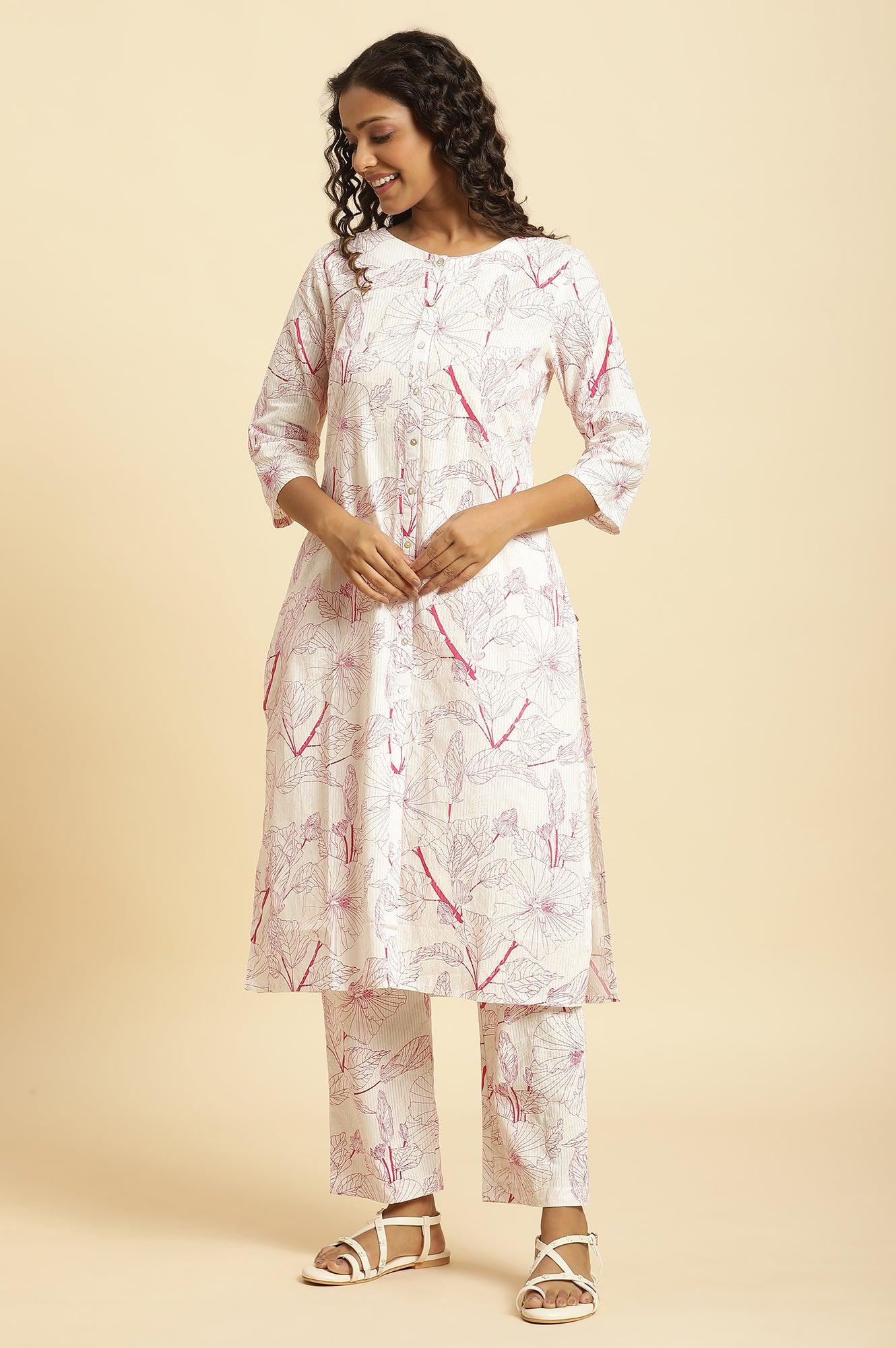 White Floral Printed Kurta And Pants Co-Ord Set - Image 3
