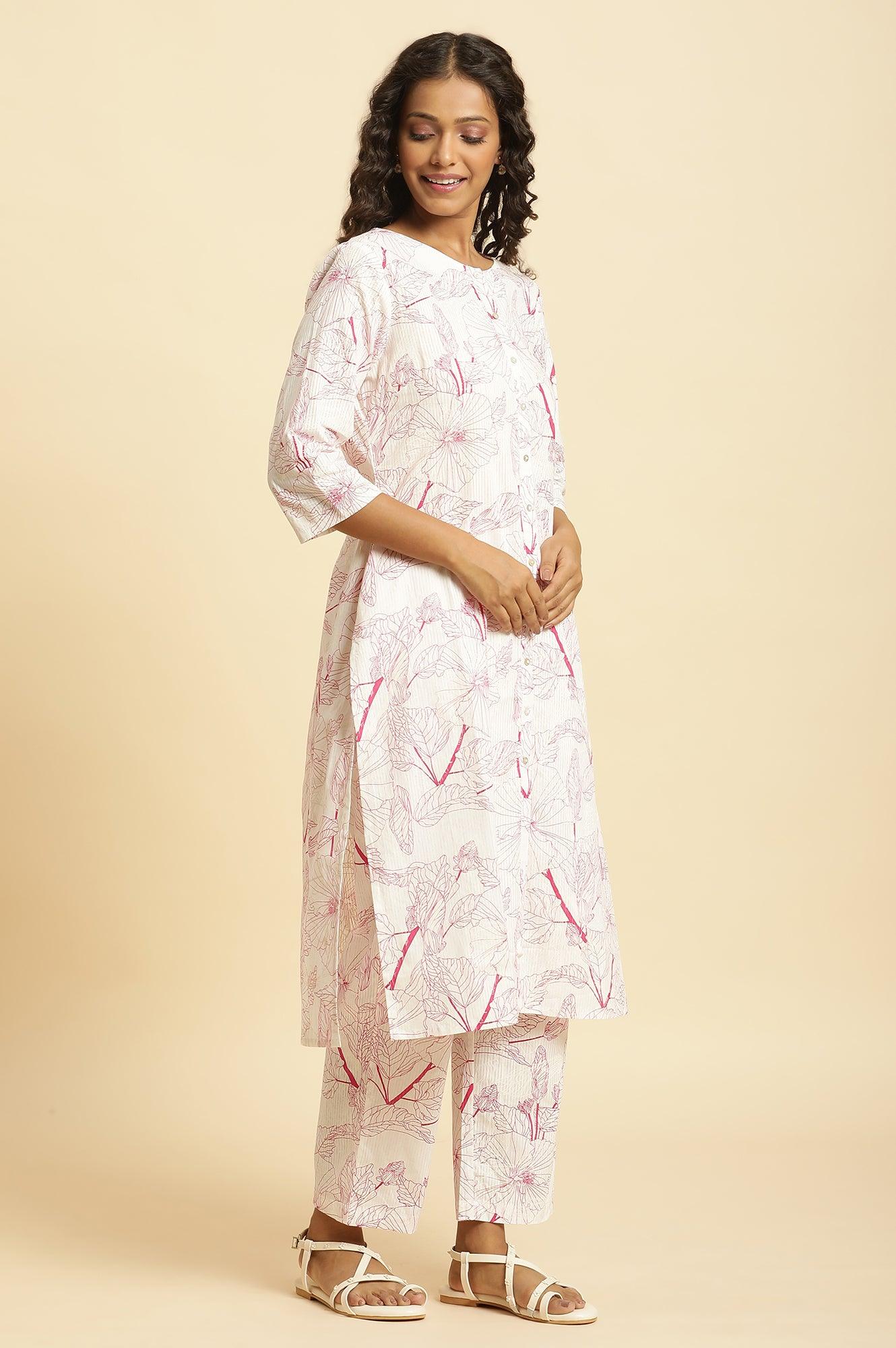 White Floral Printed Kurta And Pants Co-Ord Set - Image 5