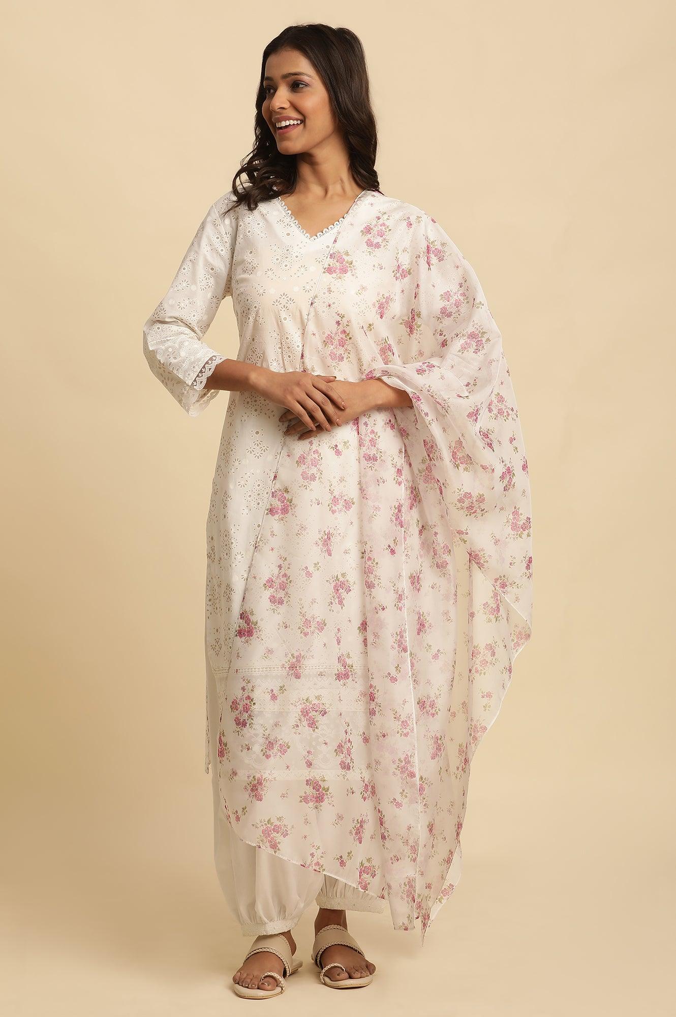 White Floral Printed Organza Dupatta - Image 3