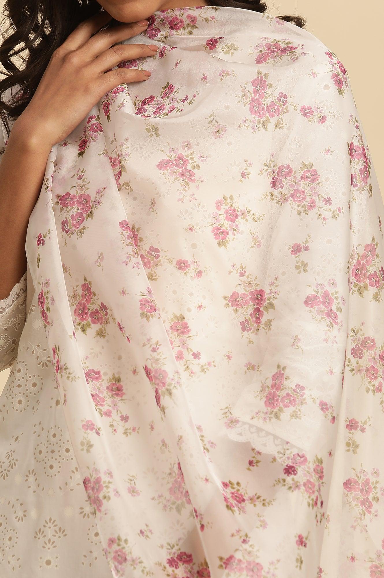 White Floral Printed Organza Dupatta - Image 4