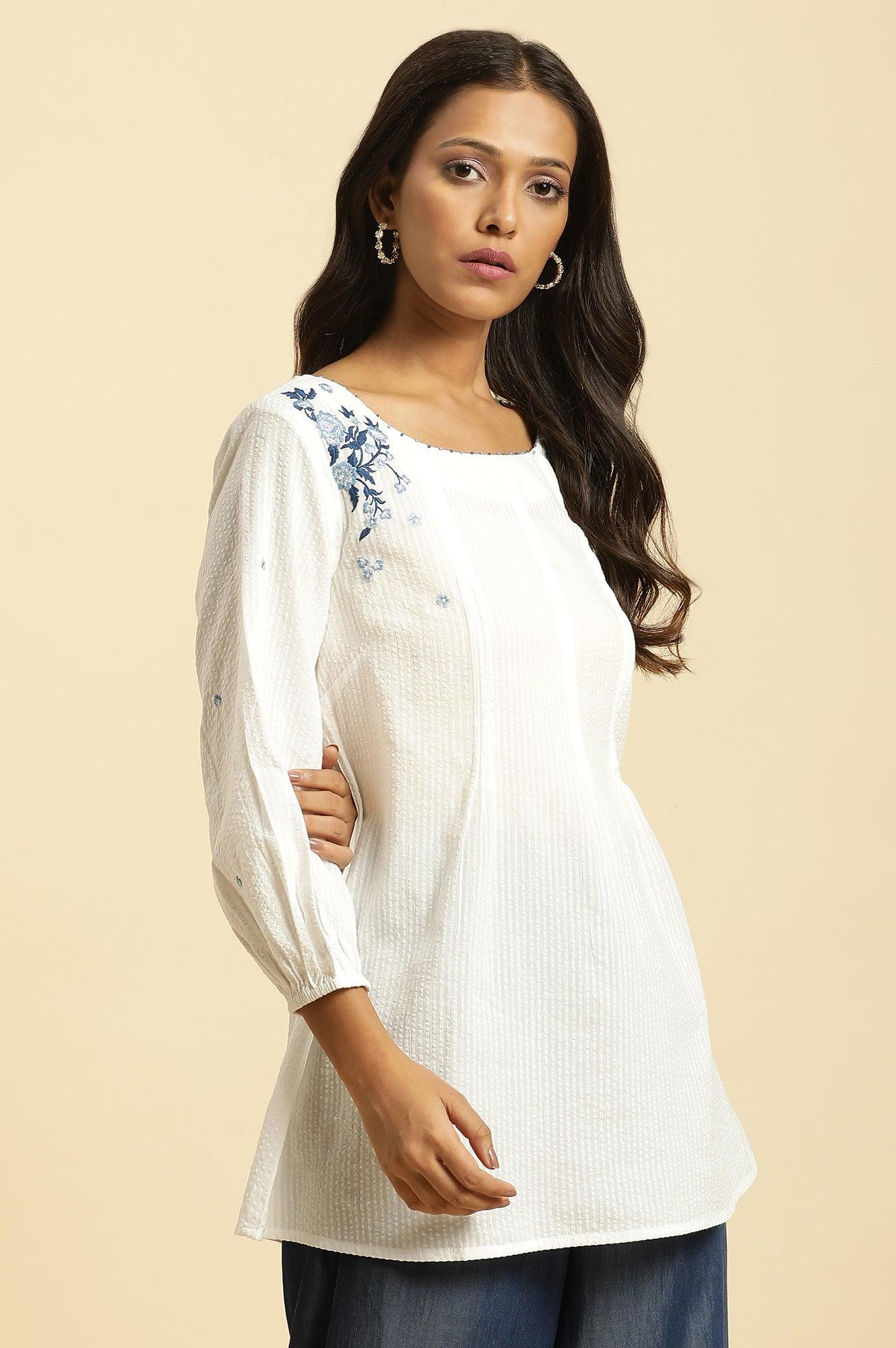 White Front Pleated Cotton Top with Embroidery - Image 3
