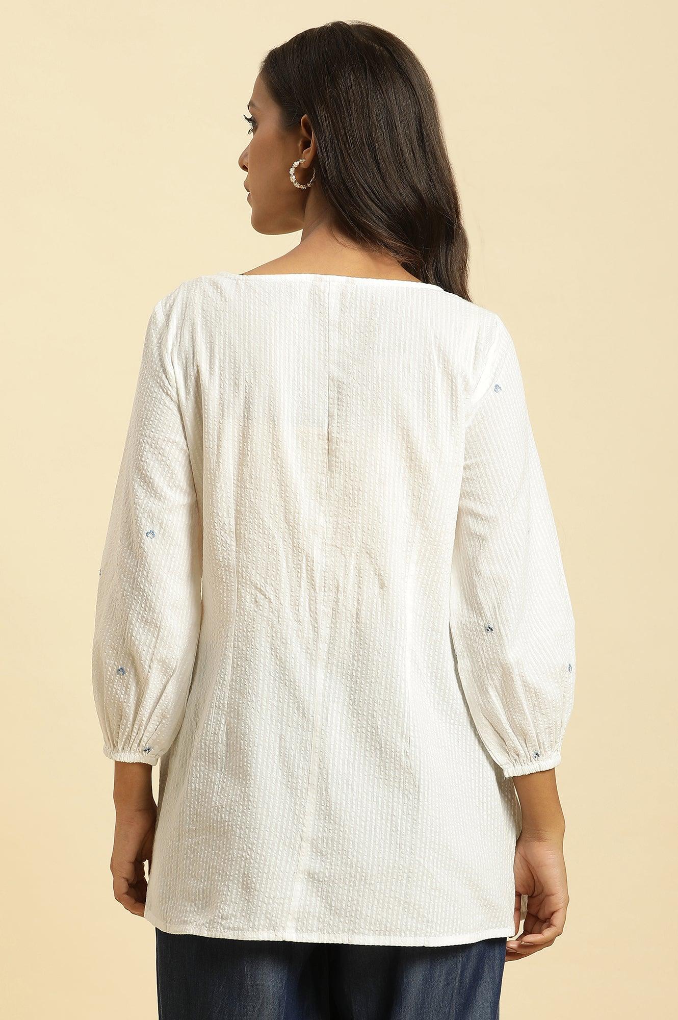 White Front Pleated Cotton Top with Embroidery - Image 4
