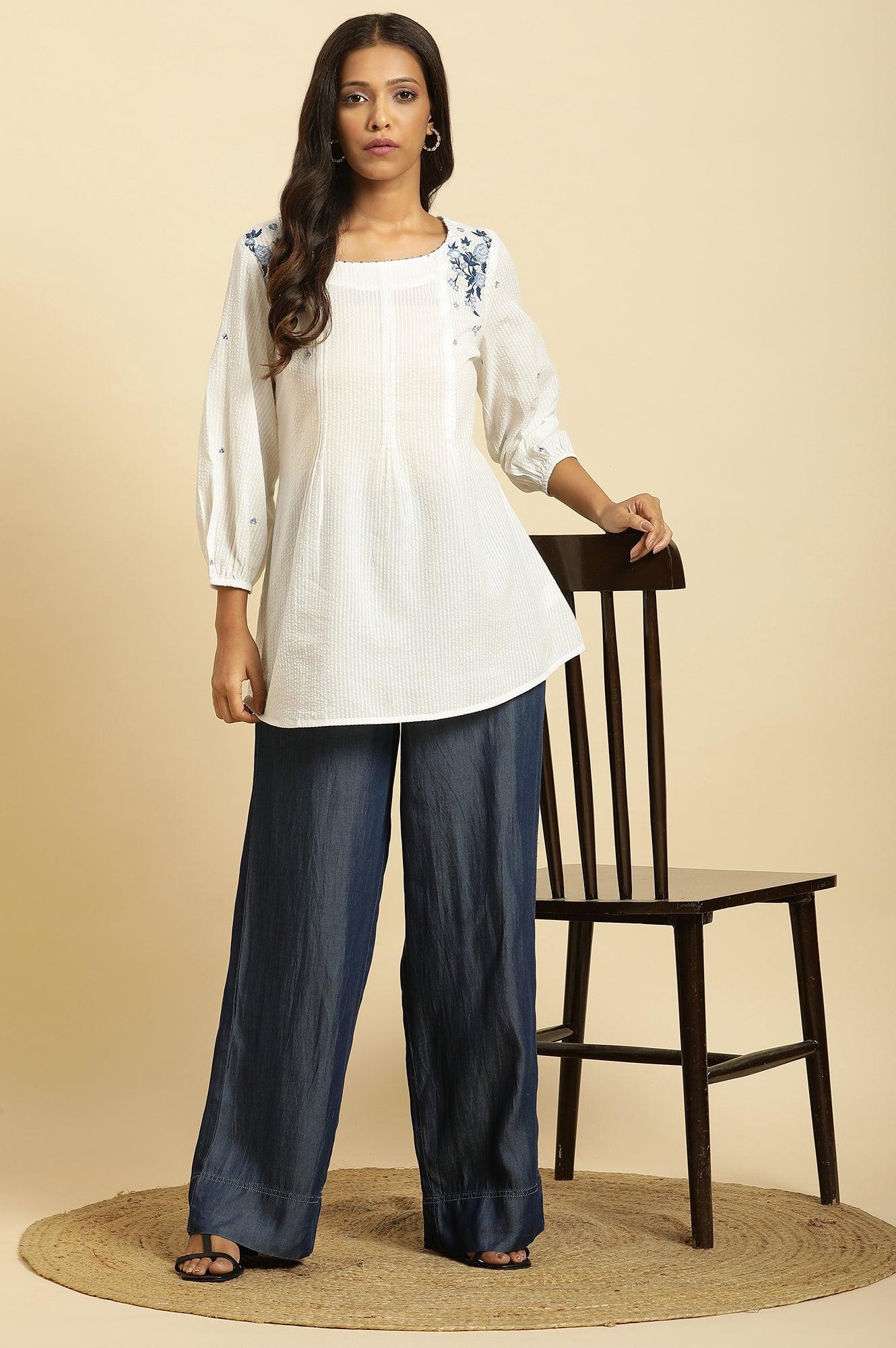 White Front Pleated Cotton Top with Embroidery - Image 5