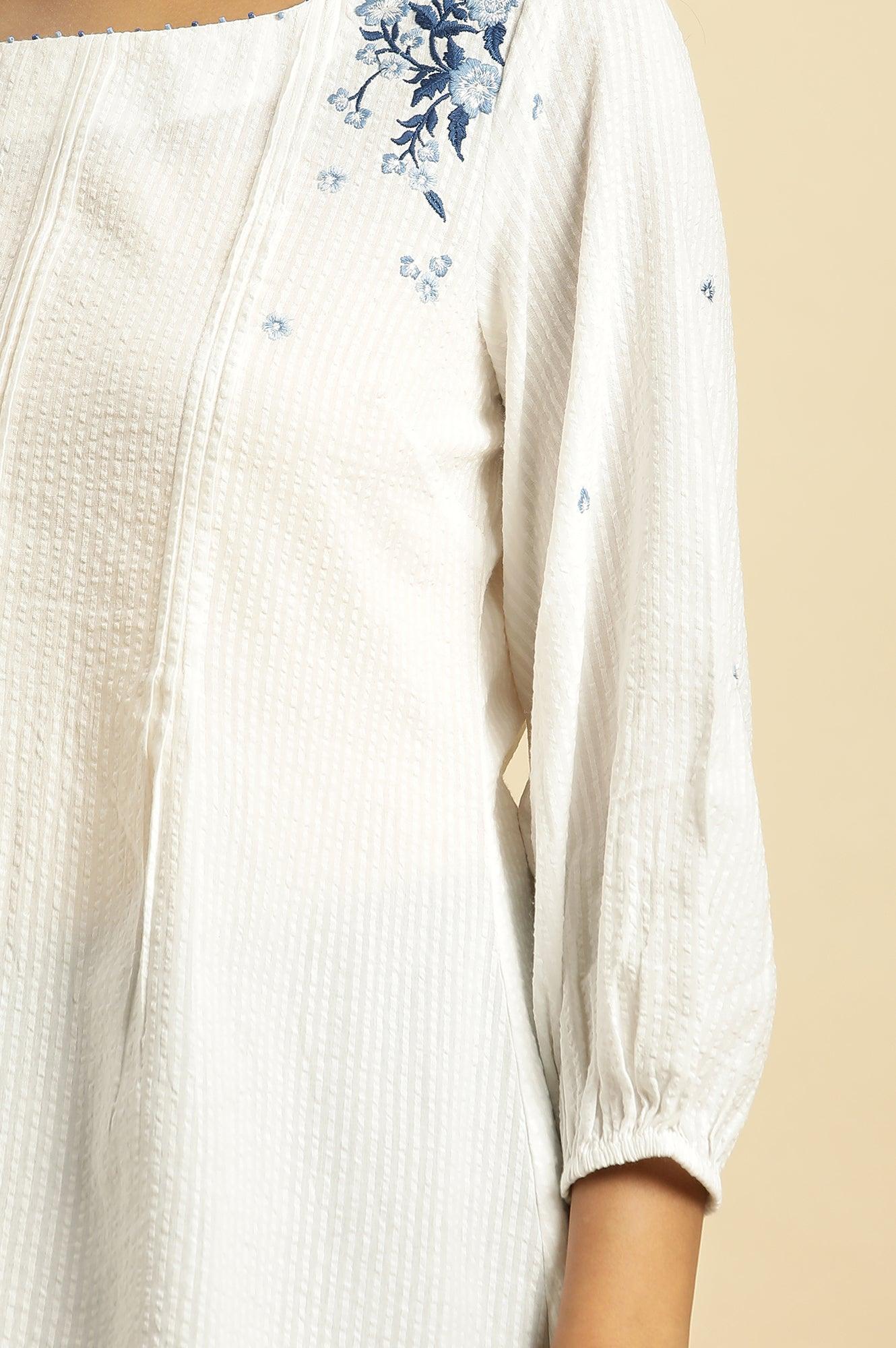 White Front Pleated Cotton Top with Embroidery - Image 7