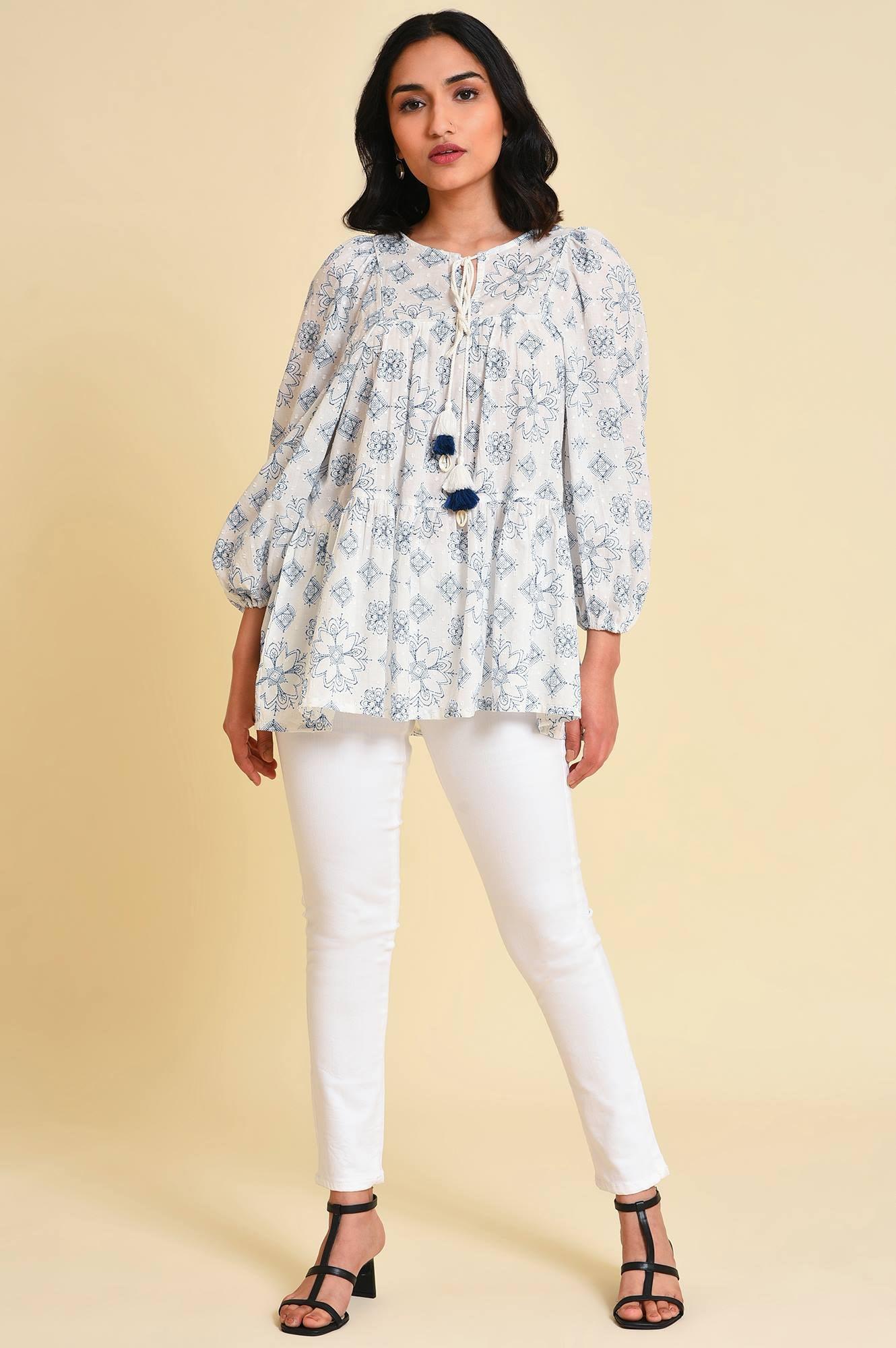 White Geometric Print Gathered Top - Image 5