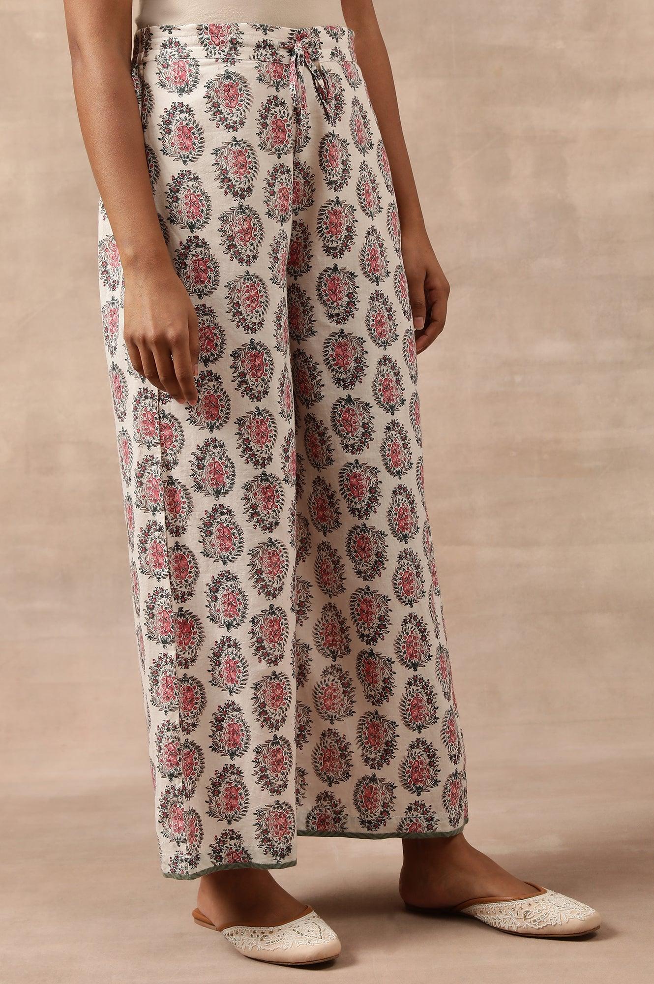 White Hand Block Buti Print Parallel Pants - Image 3