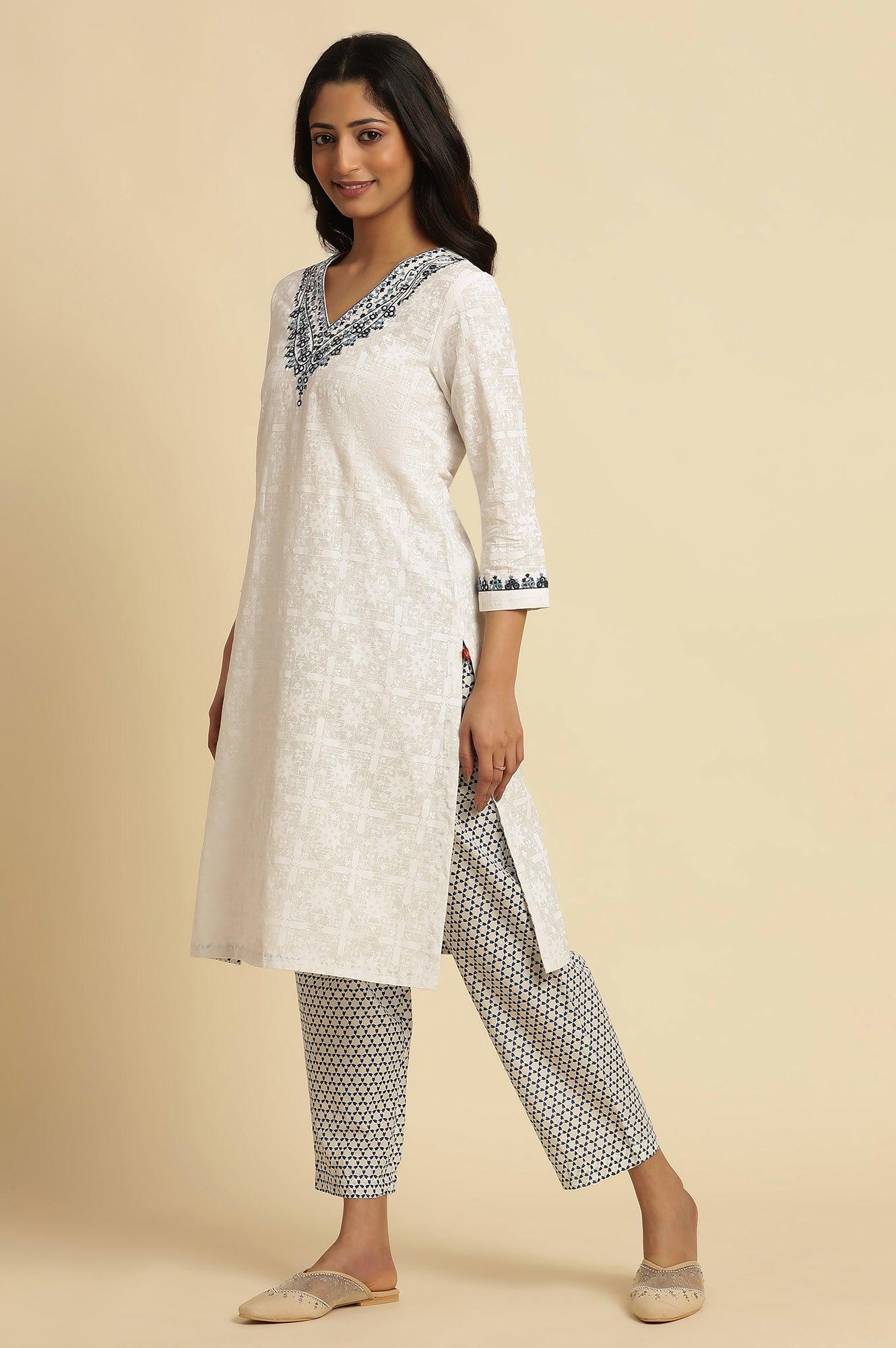 White Khadi Printed Cotton Kurta, Pants and Dupatta Set - Image 3