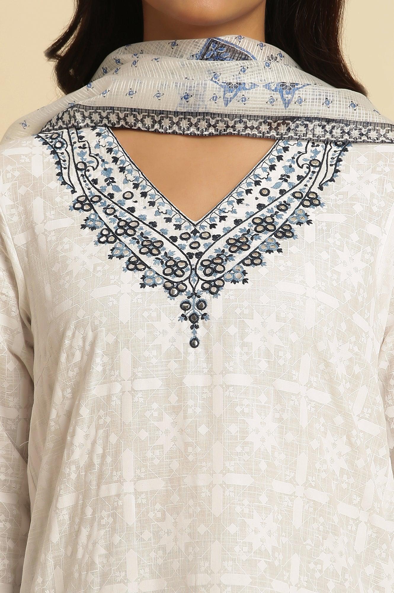 White Khadi Printed Cotton Kurta, Pants and Dupatta Set - Image 6