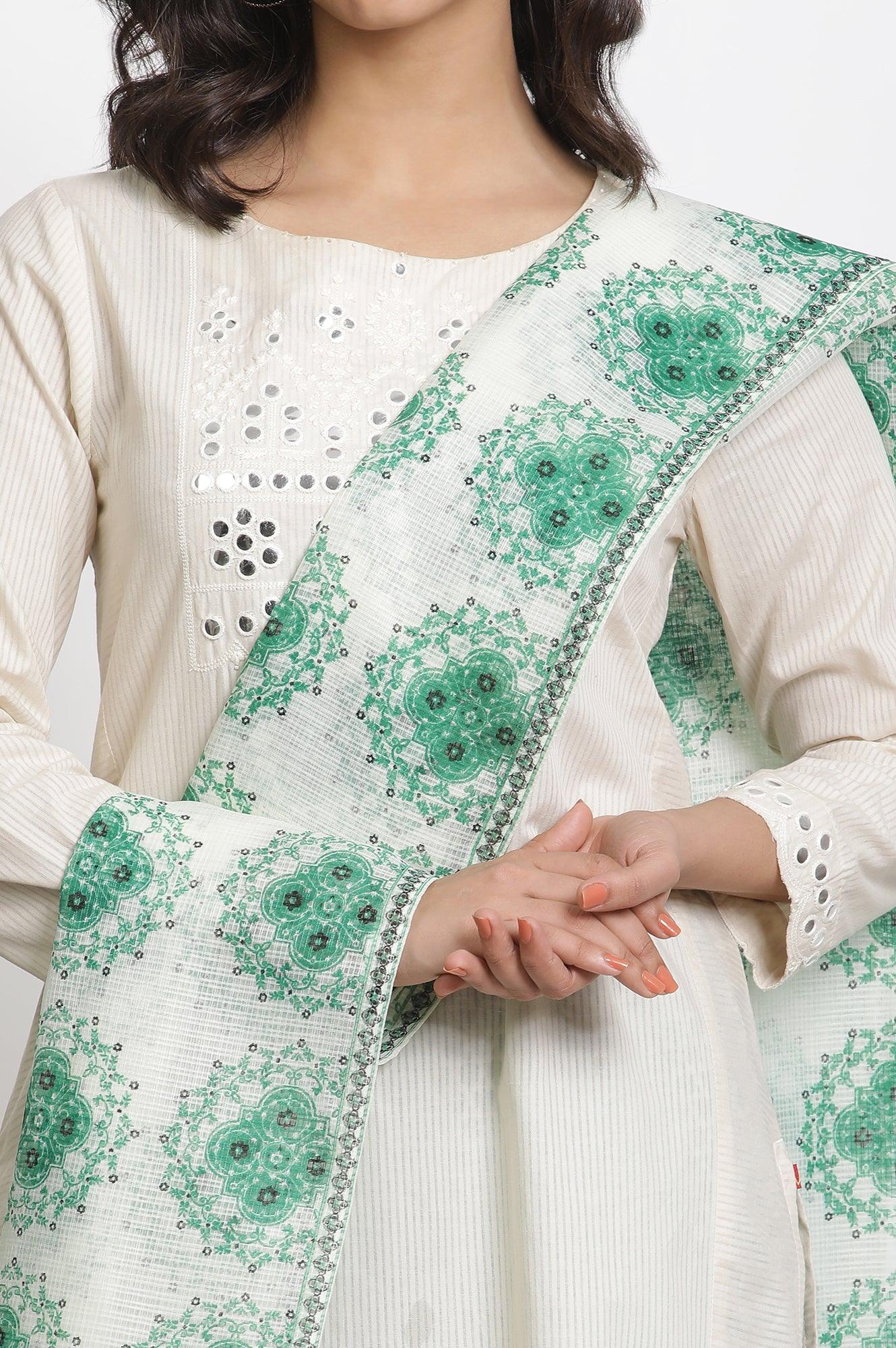 White Kota Dupatta With Green Print - Image 4