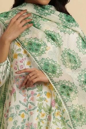 White Kota Dupatta With Green Print - Image 5