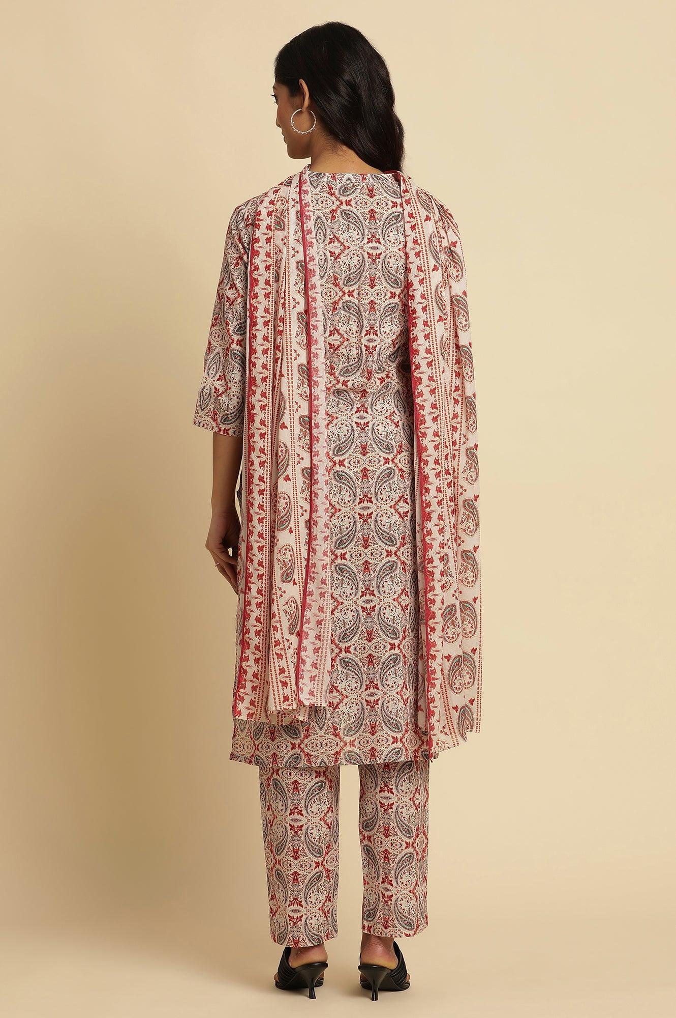 White Paisely Printed Kurta, Pants And Dupatta Set - Image 4
