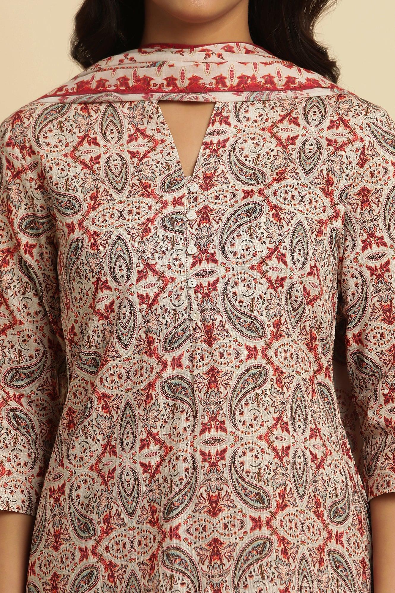 White Paisely Printed Kurta, Pants And Dupatta Set - Image 6