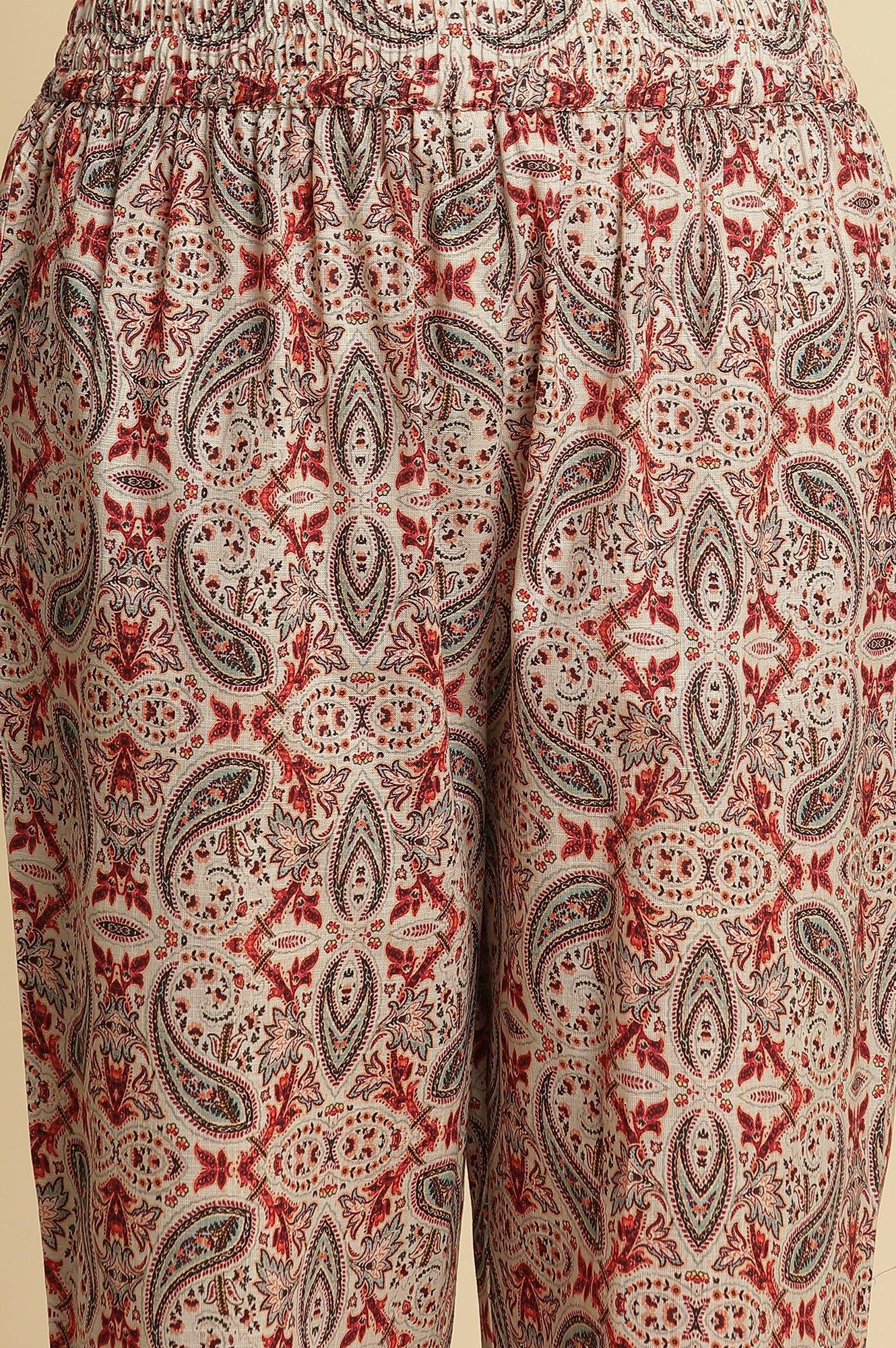 White Paisely Printed Kurta, Pants And Dupatta Set - Image 7