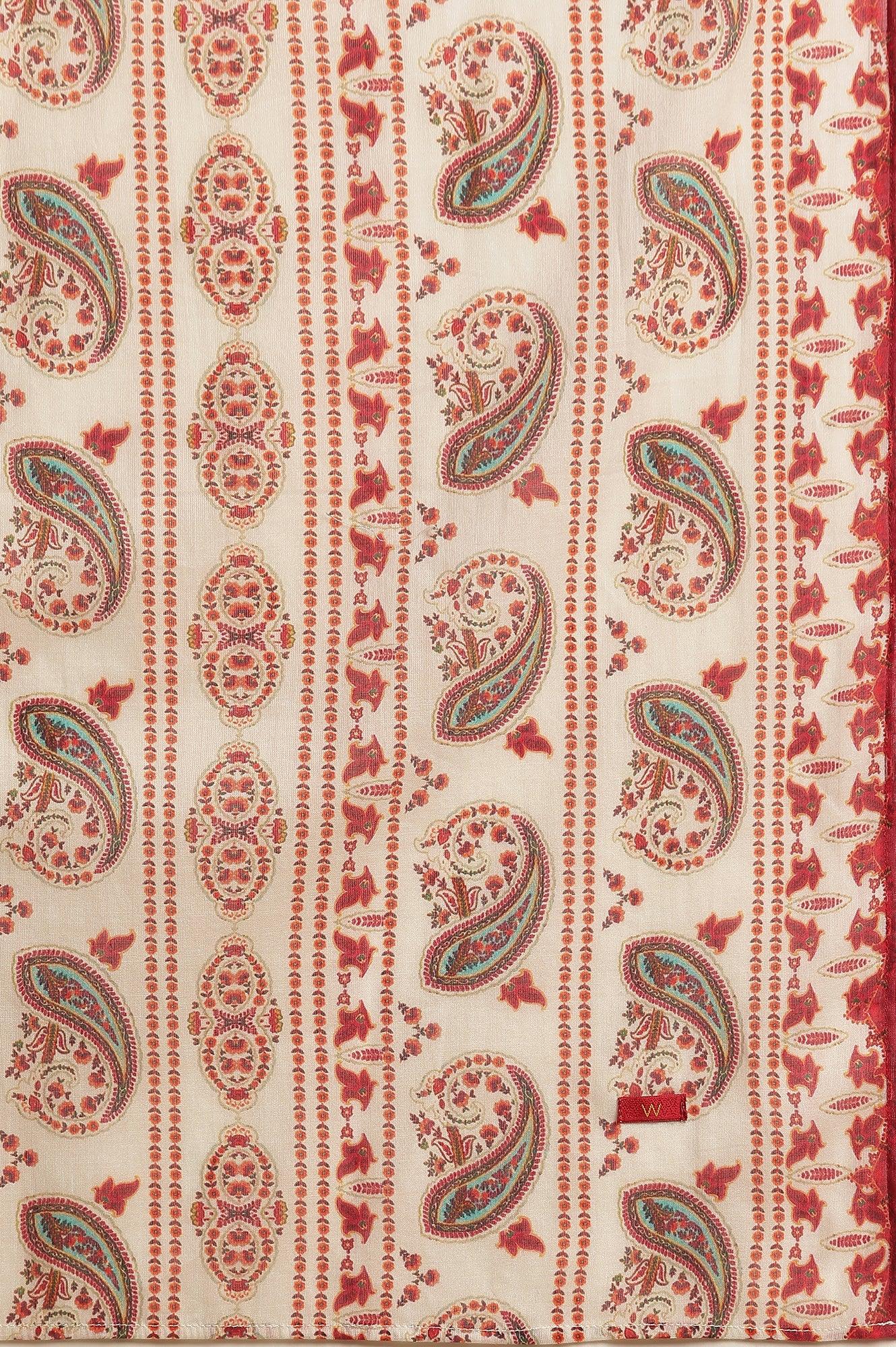 White Paisely Printed Kurta, Pants And Dupatta Set - Image 9