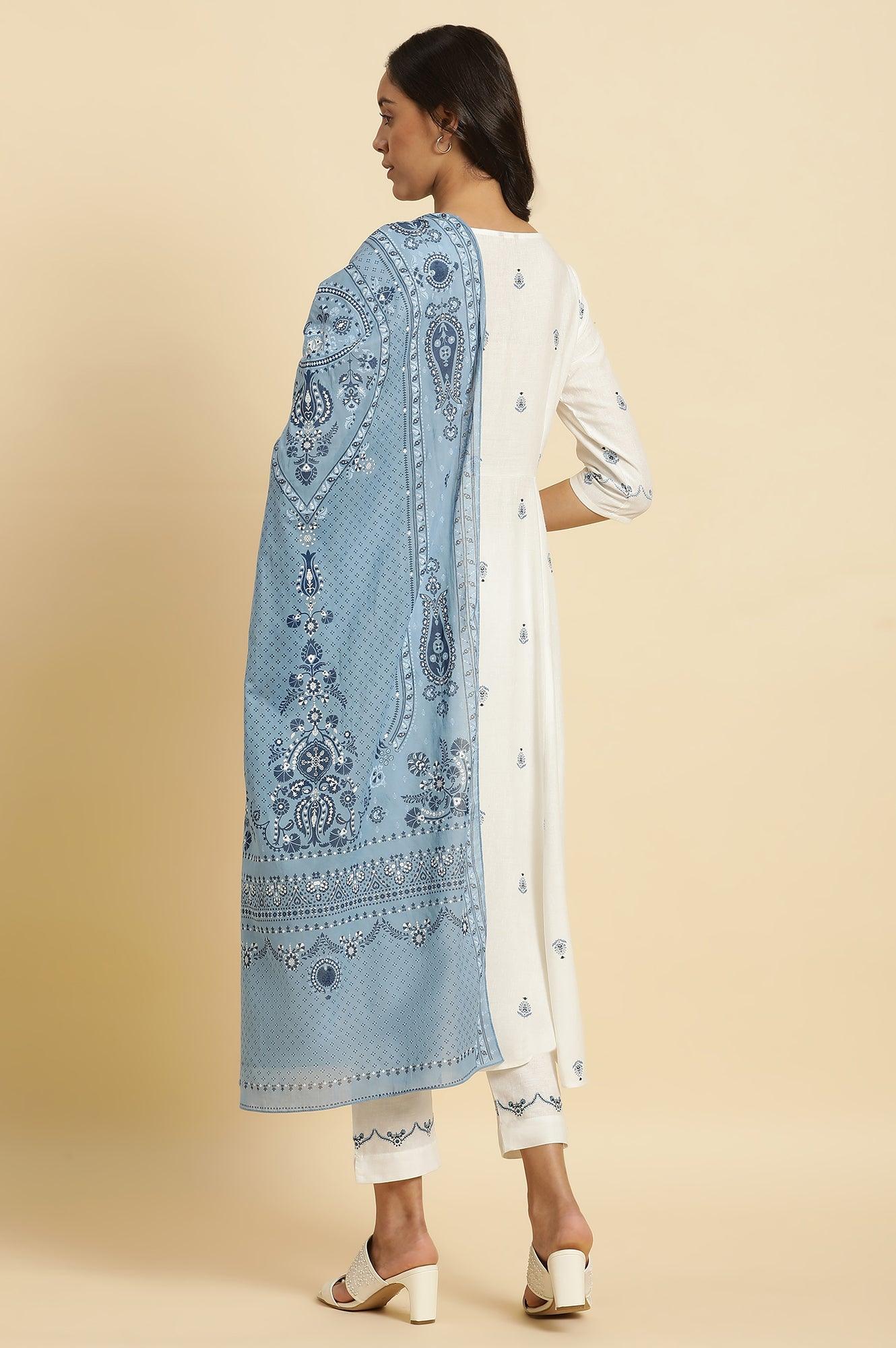 White Panelled Mock Angrakha Kurta, Pants & Dupatta Set - Image 4