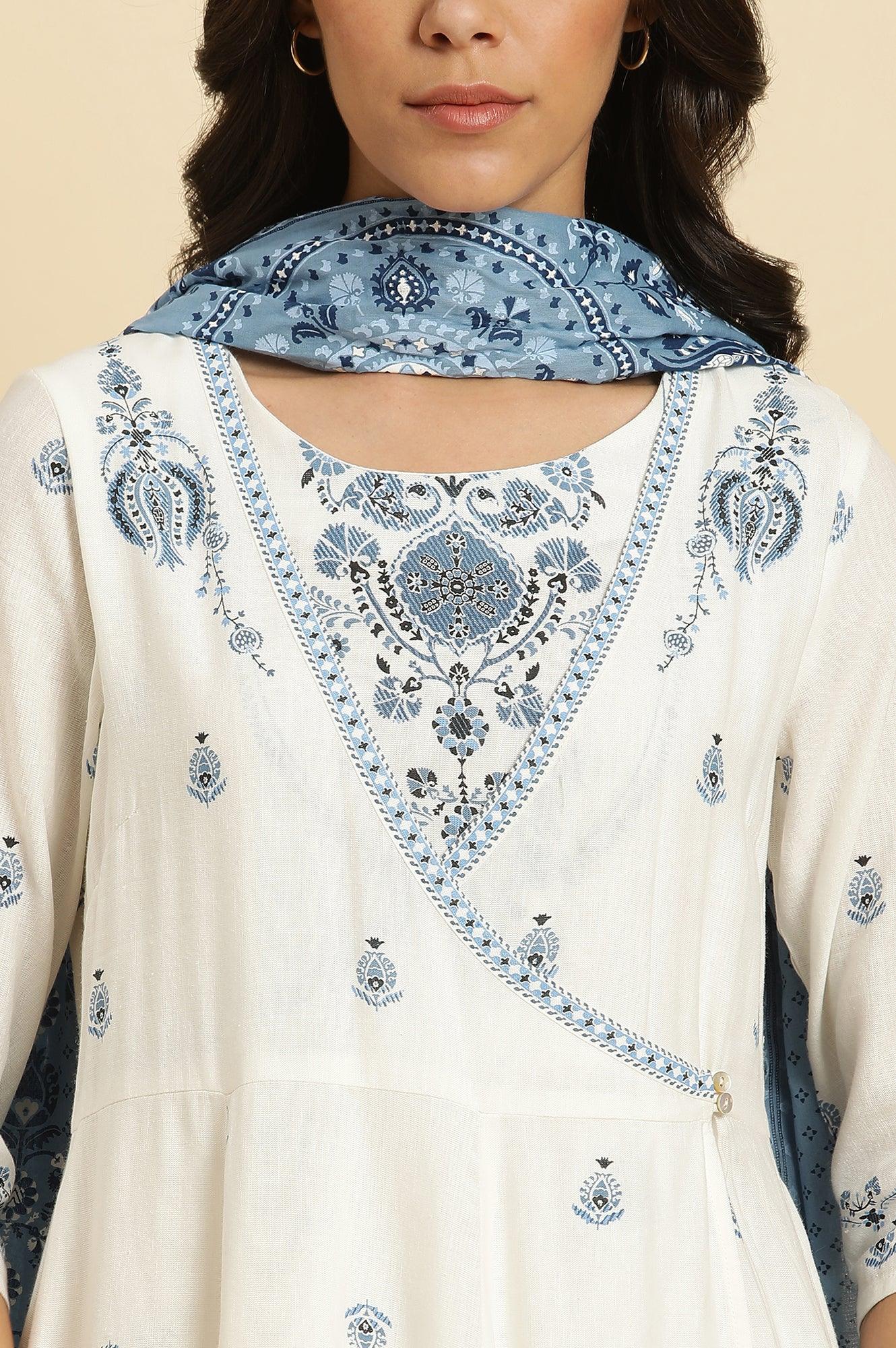 White Panelled Mock Angrakha Kurta, Pants & Dupatta Set - Image 6