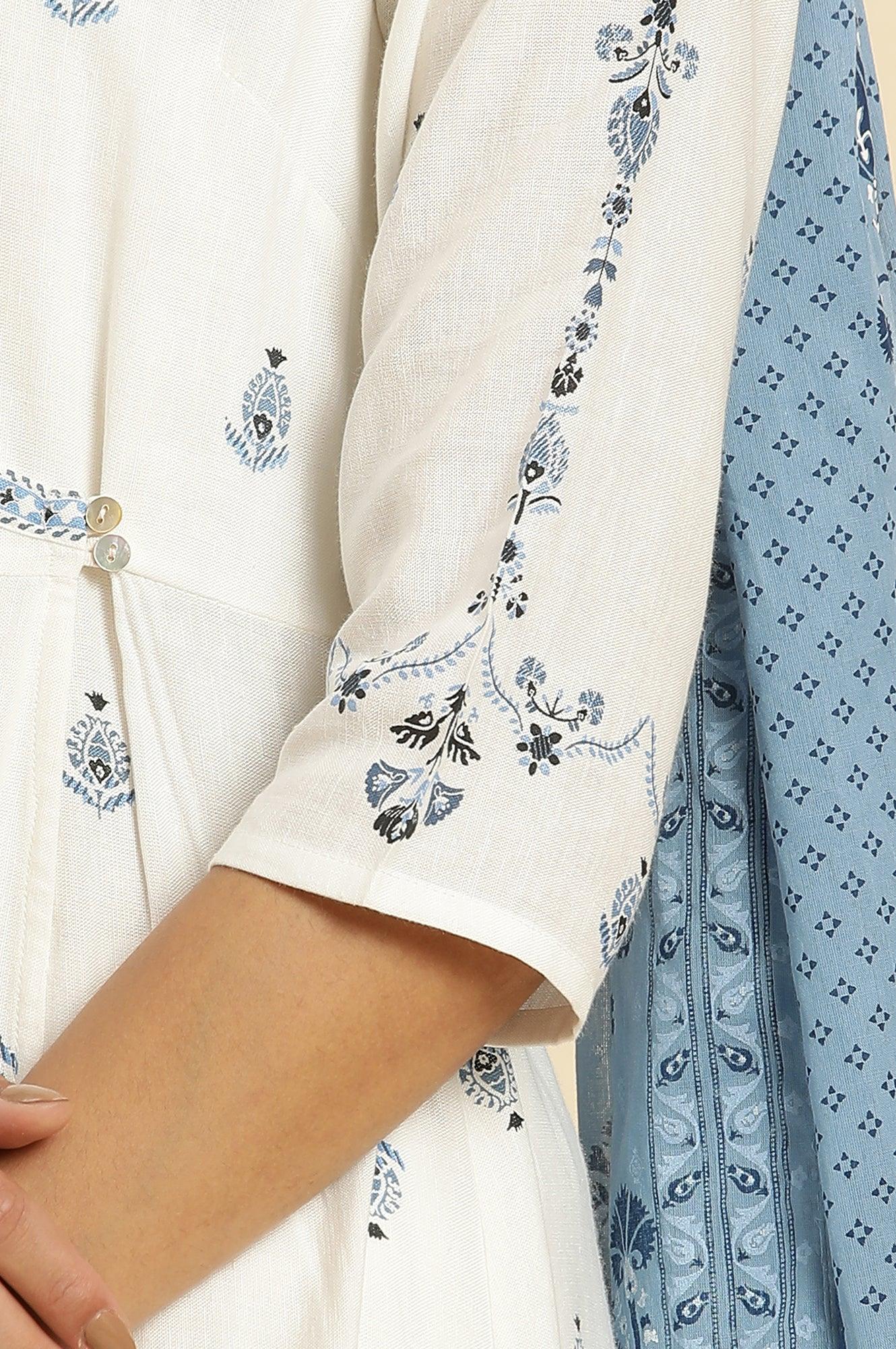 White Panelled Mock Angrakha Kurta, Pants & Dupatta Set - Image 7