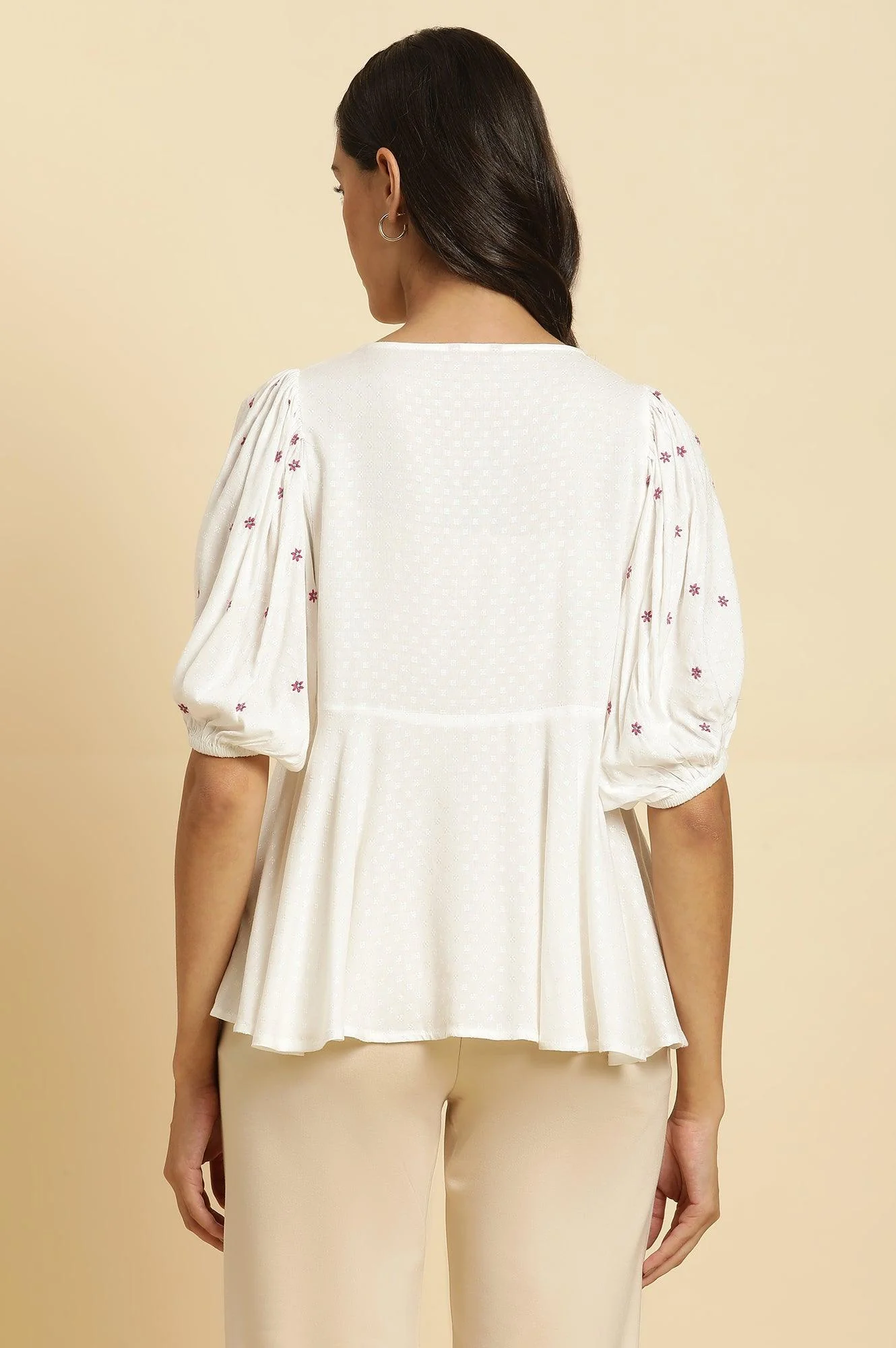 White Peplum Cotton Top with Embroidered Yoke - Image 3