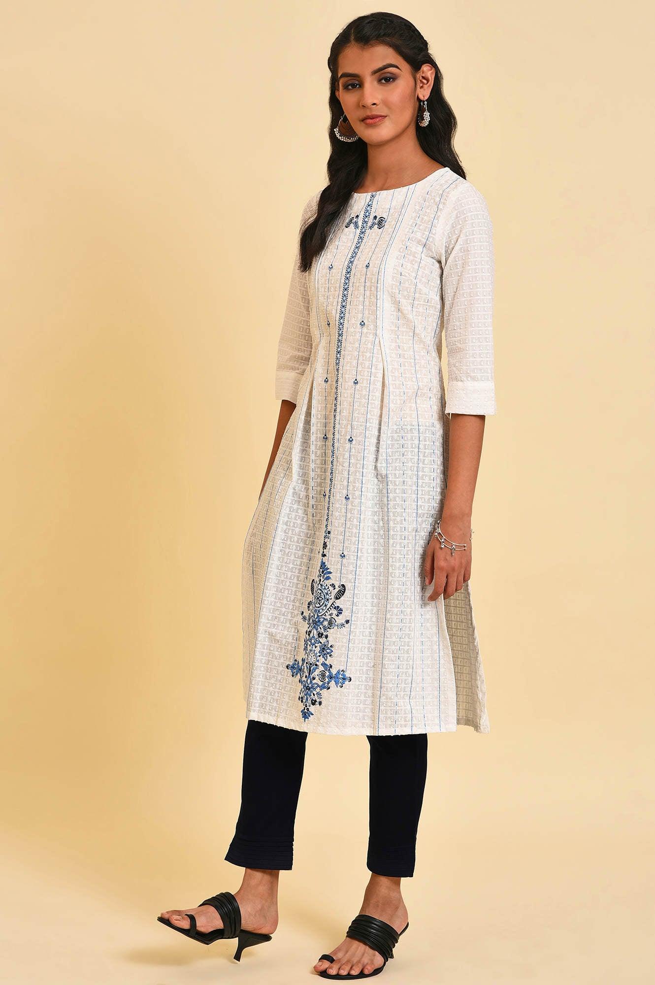 White Placement Print Dobby kurta - Image 3