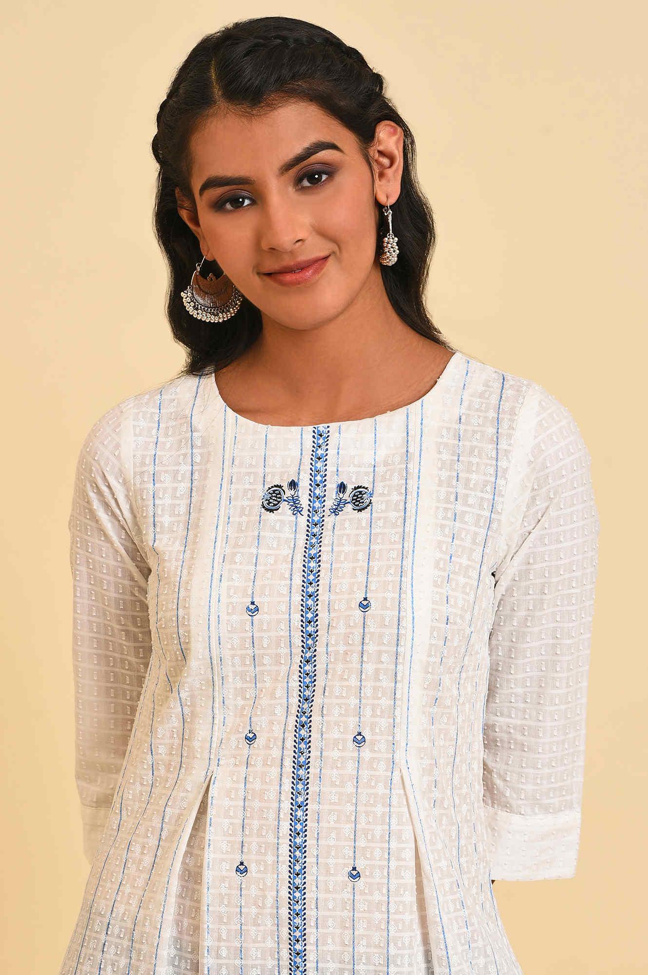 White Placement Print Dobby kurta - Image 5