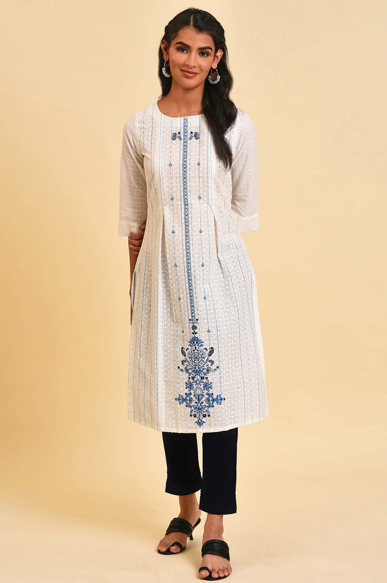 White Placement Print Dobby kurta - Image 6