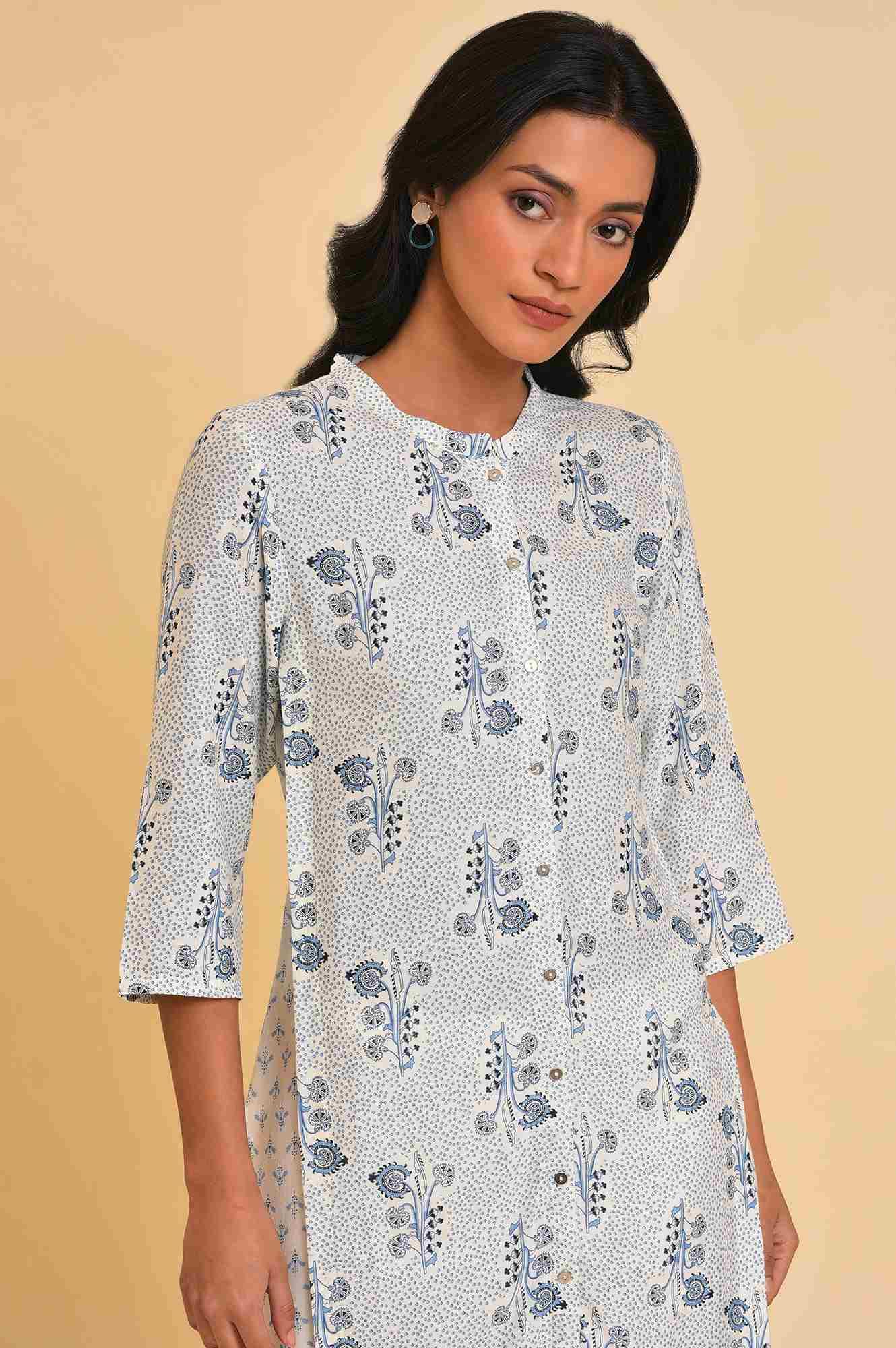White Cotton Printed Button-Down Kurta - Image 5