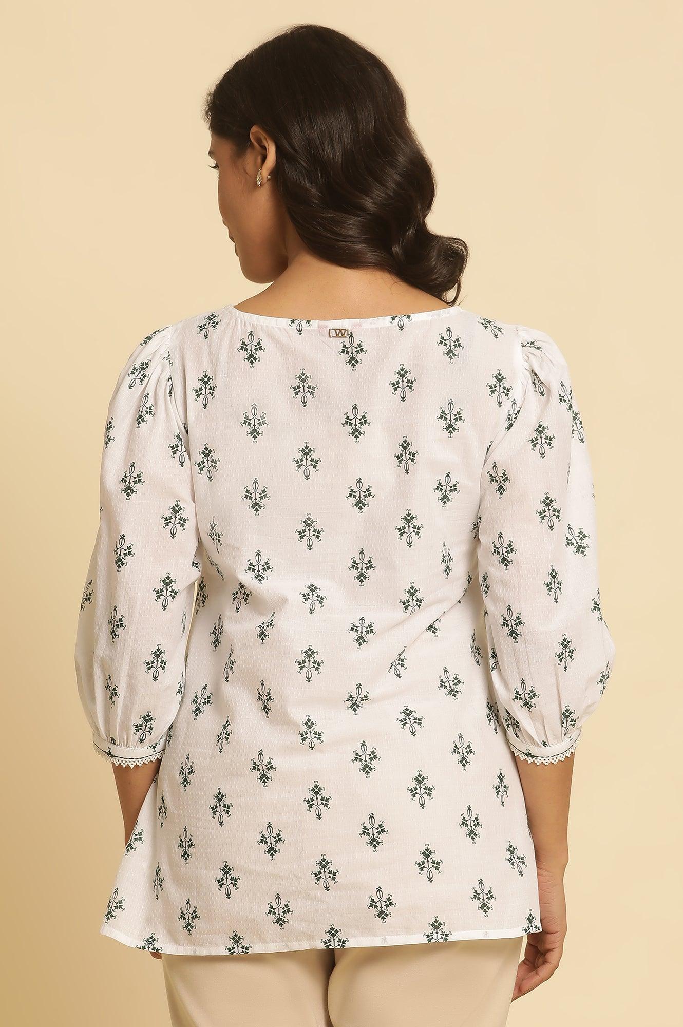 White Printed Top Wit Lace And Puffed Sleeves - Image 3