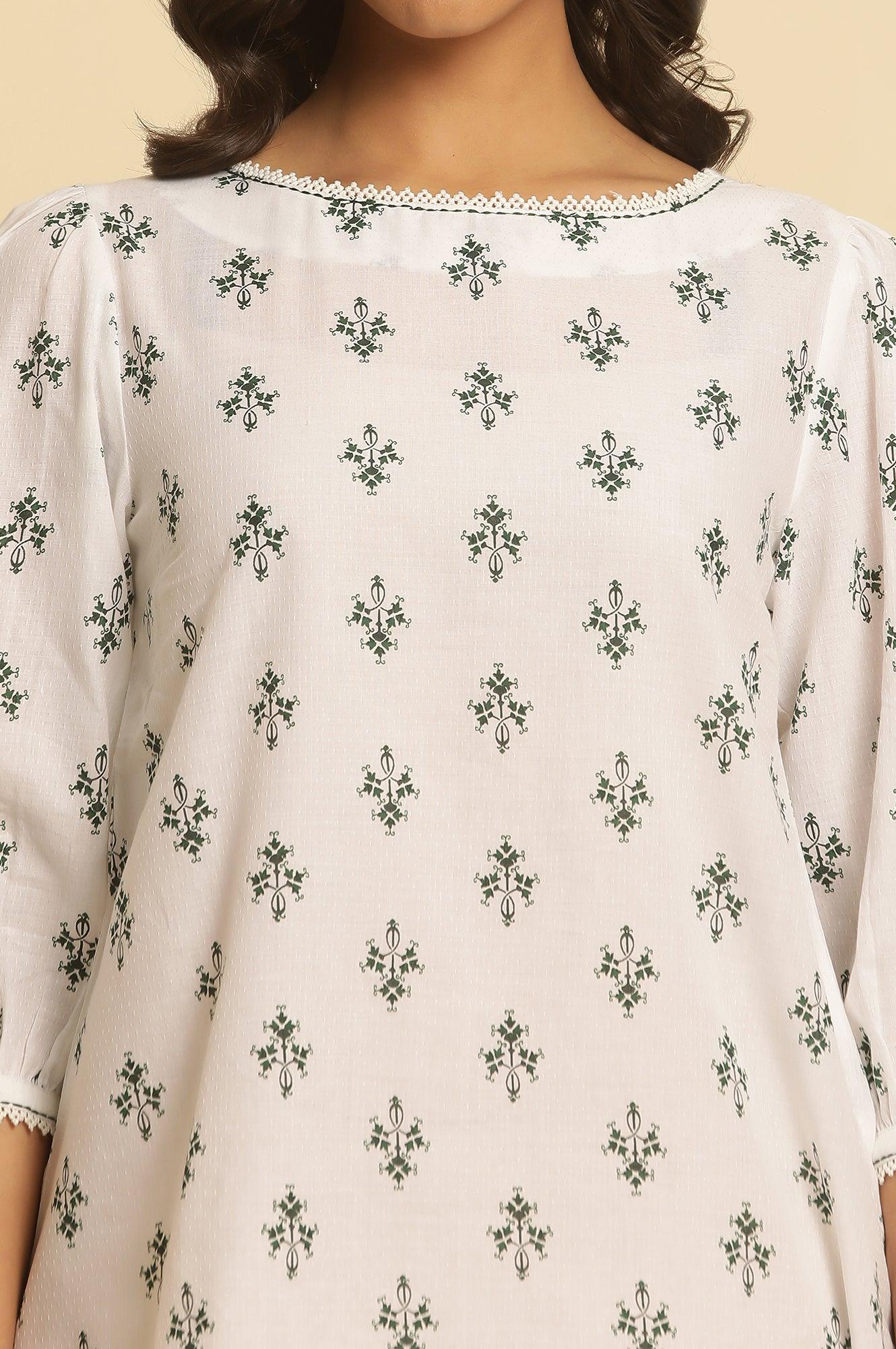 White Printed Top Wit Lace And Puffed Sleeves - Image 6