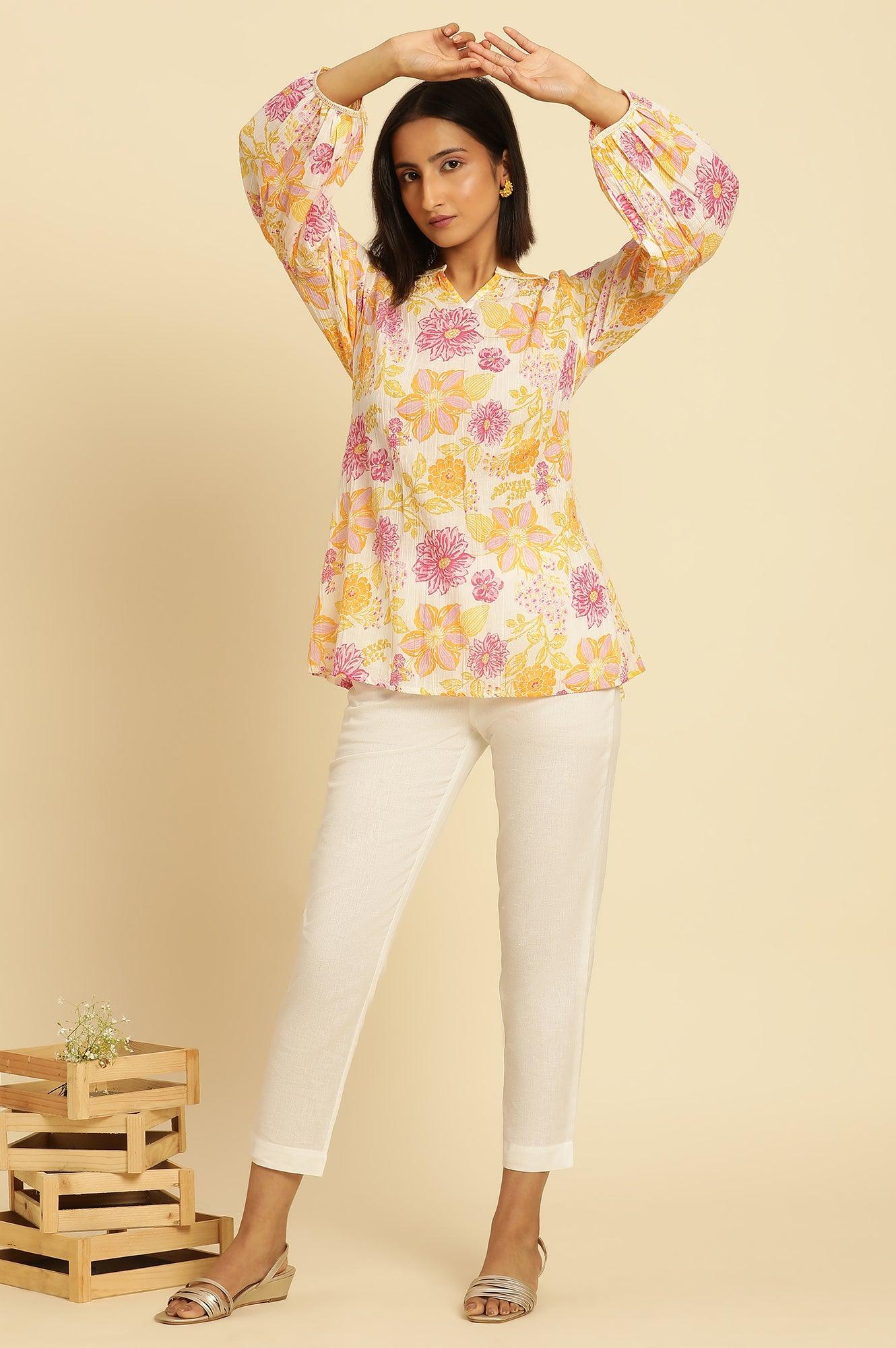 White Printed Top With Tie-Up Detail - Image 5