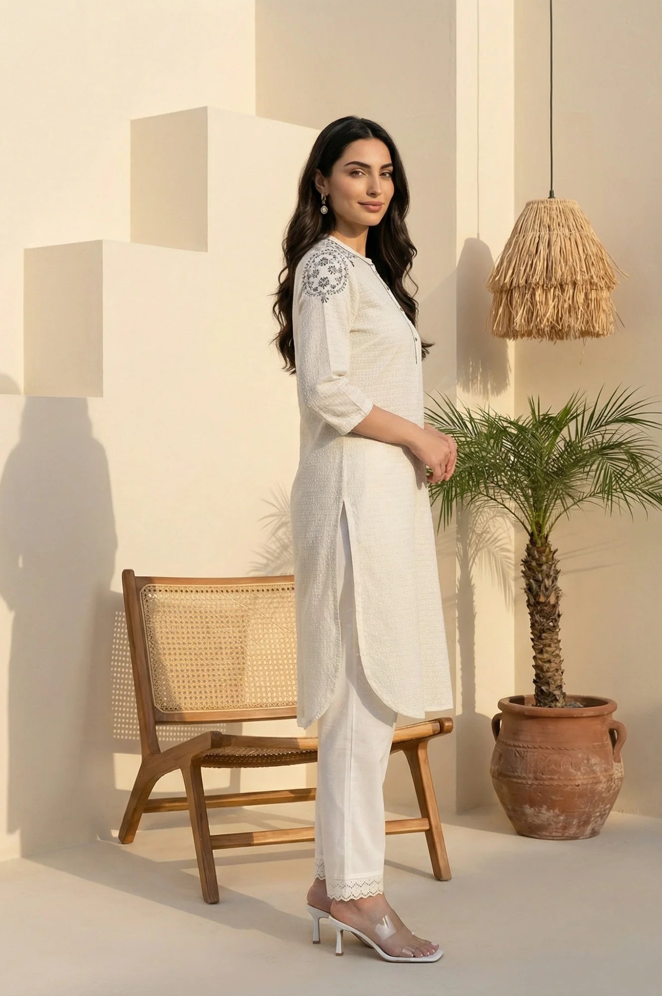 White Thread Embroidered Textured Cotton Kurta - Image 4