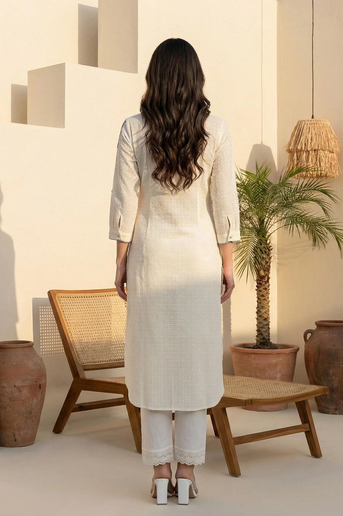 White Thread Embroidered Textured Cotton Kurta - Image 5