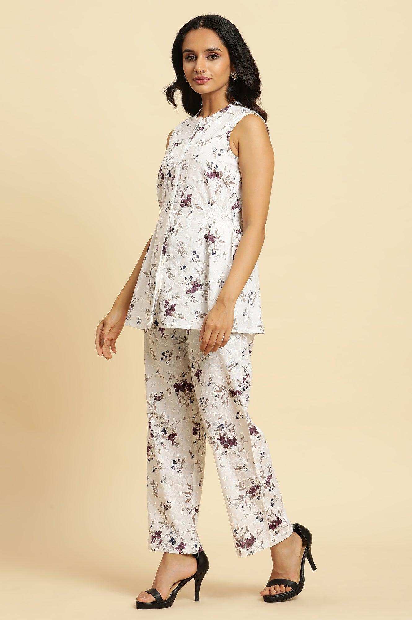 White Sleeveless Floral Printed Kurta And Pant Co-Ord Set - Image 3