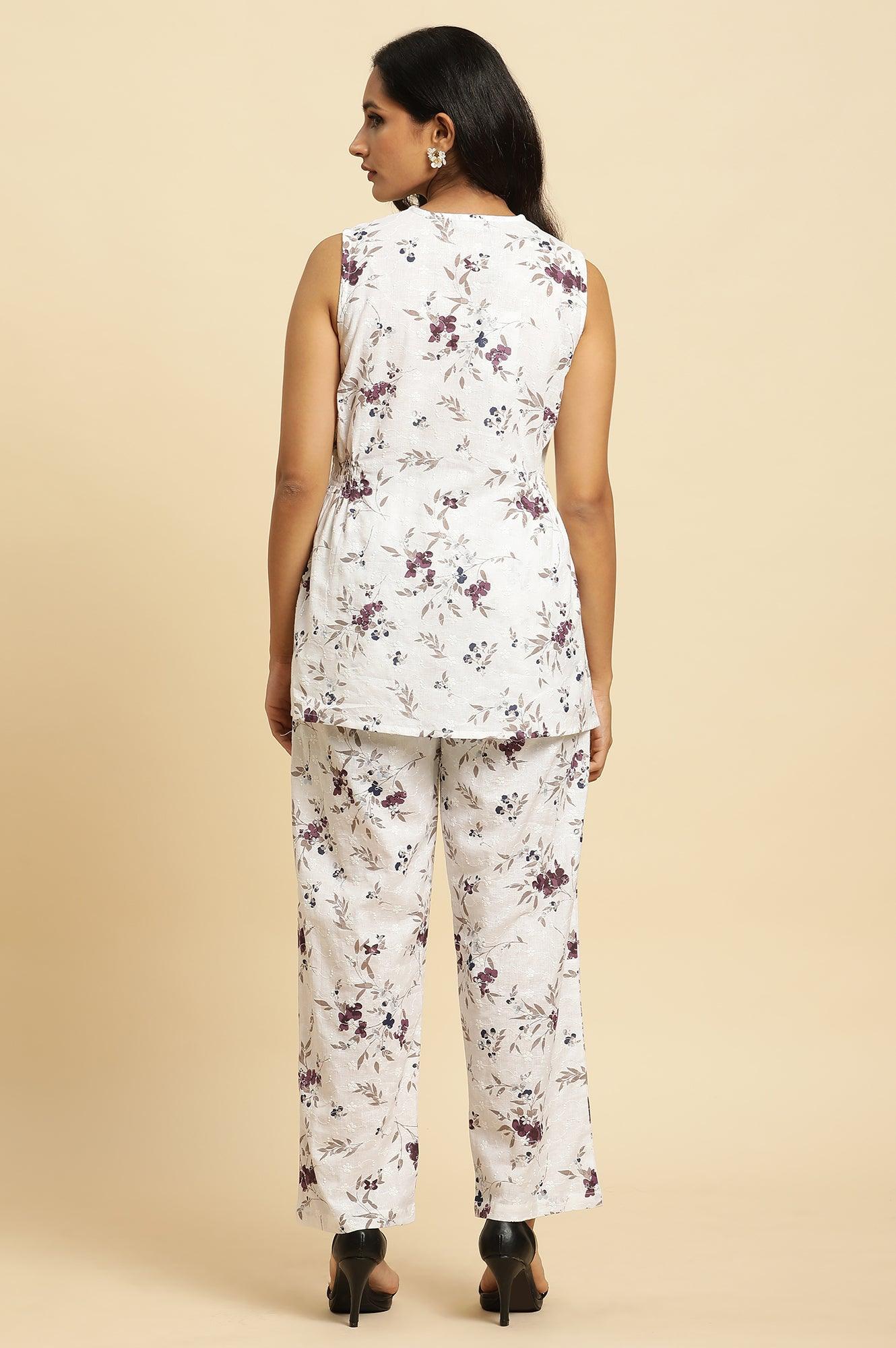 White Sleeveless Floral Printed Kurta And Pant Co-Ord Set - Image 4